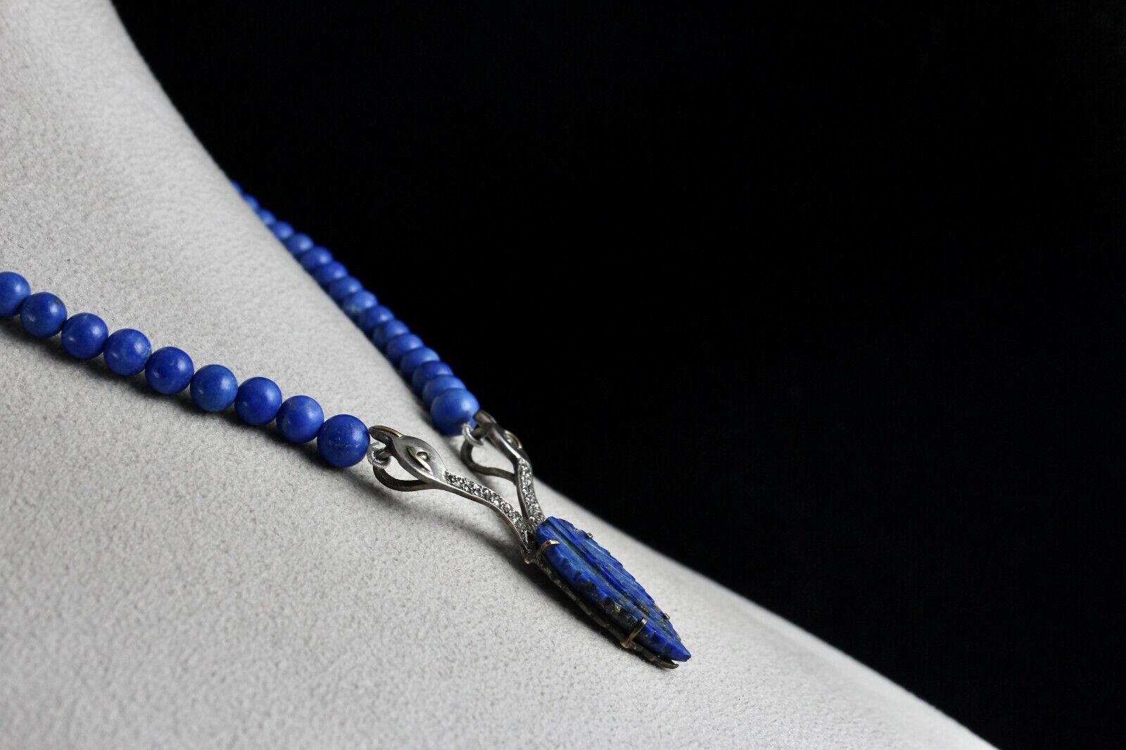 NATURAL LAPIS LAZULI LEAF DIAMOND SILVER 18K GOLD VICTORIAN PENDANT EARRING SET