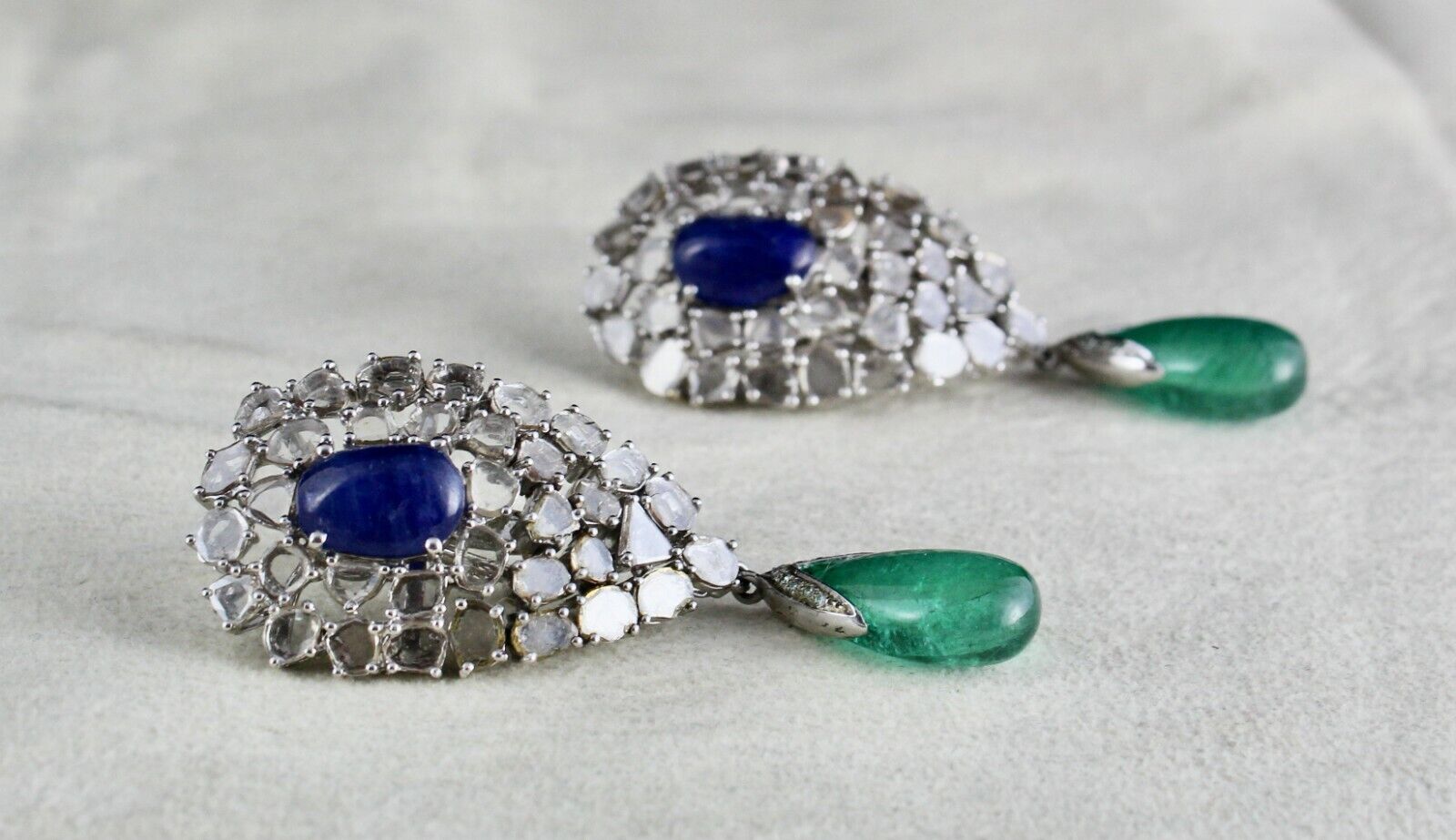 Natural Blue Sapphire Emerald Cabochon Diamond 18K Gold Classic dangle Earring