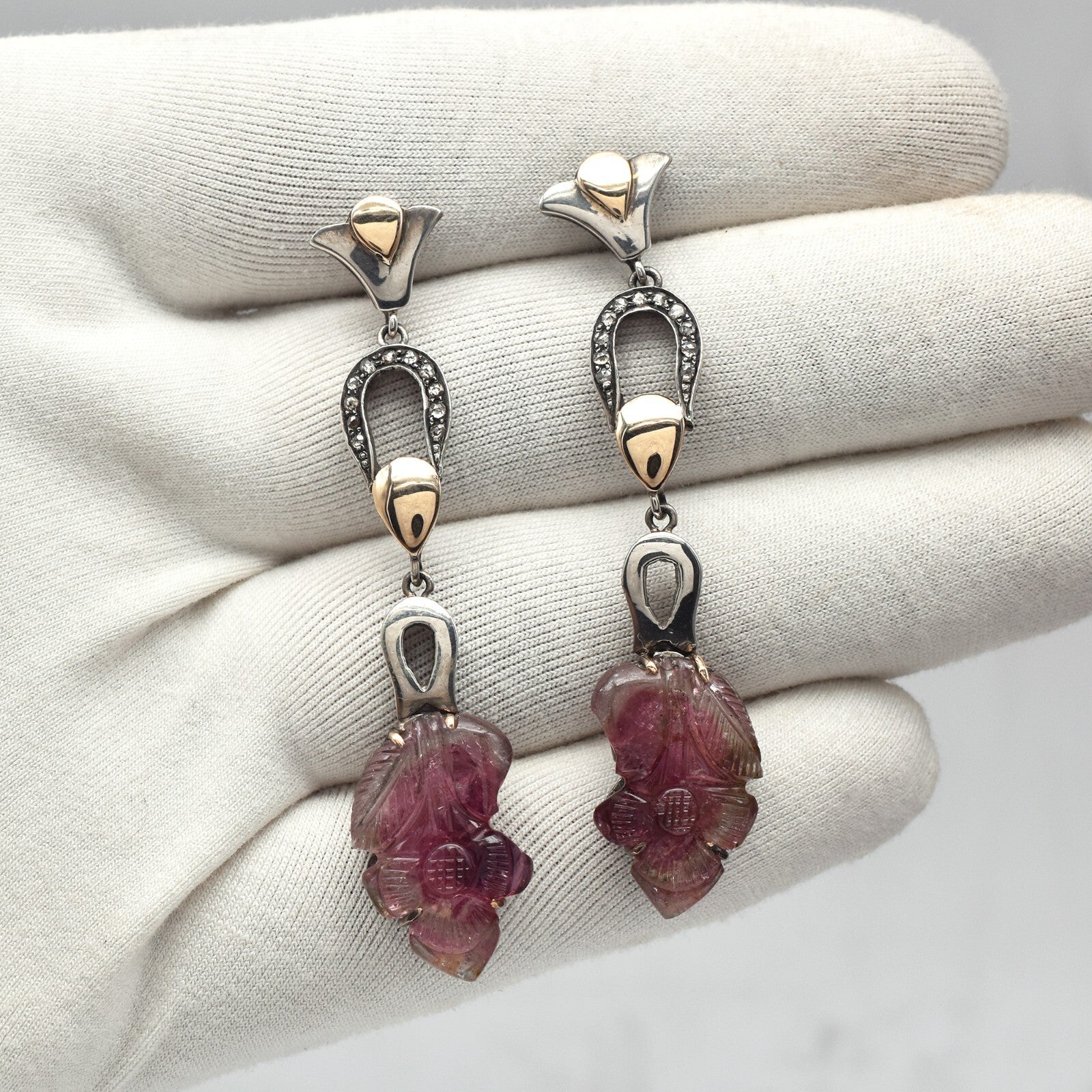 Natural Tourmaline 10ct Carved Natural Diamond 18k Gold Sterling Silver Earrings
