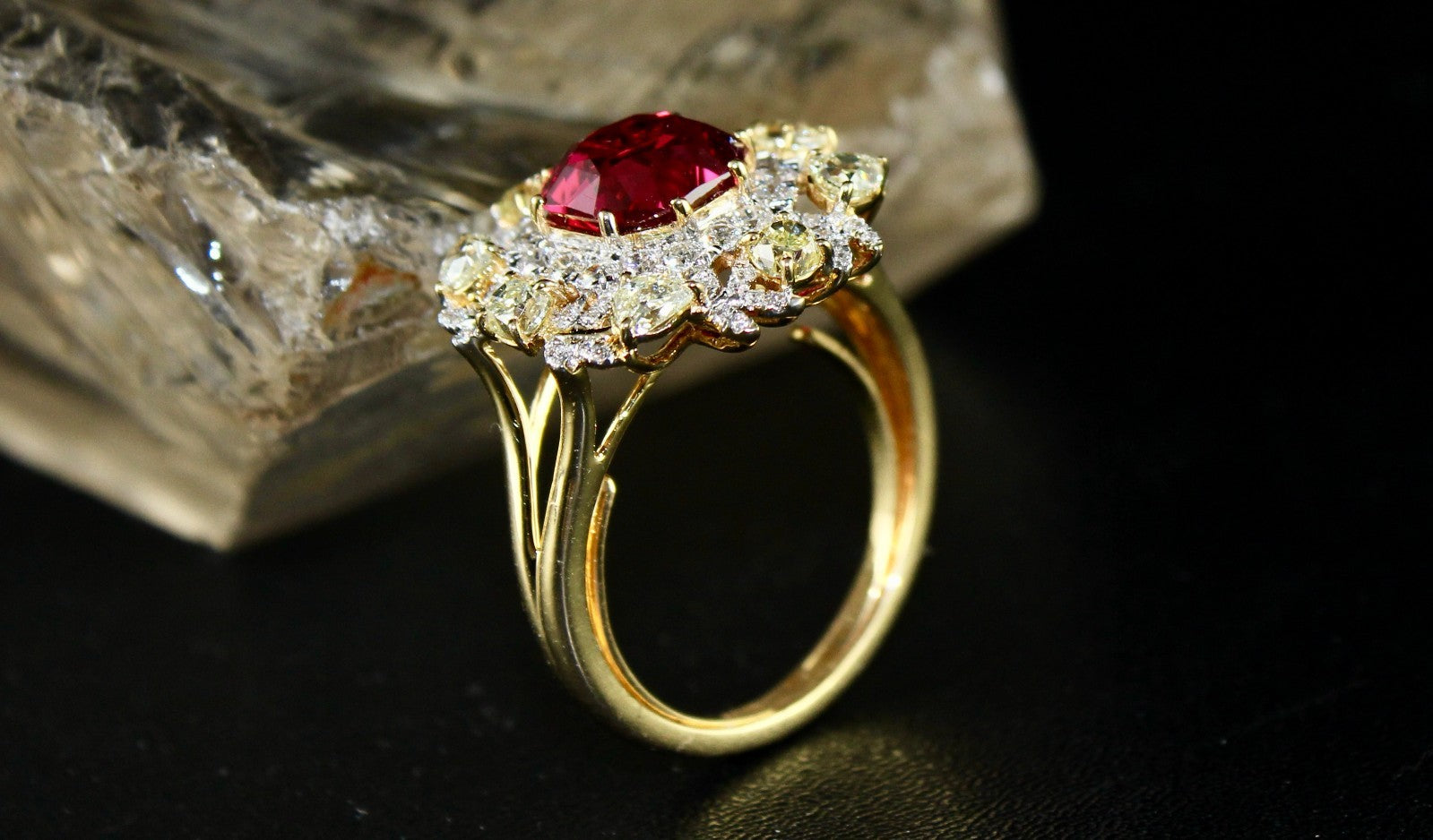 Certified Natural Red Spinel Ring Cut Diamond 18K Gold Statement Finest Jewelry