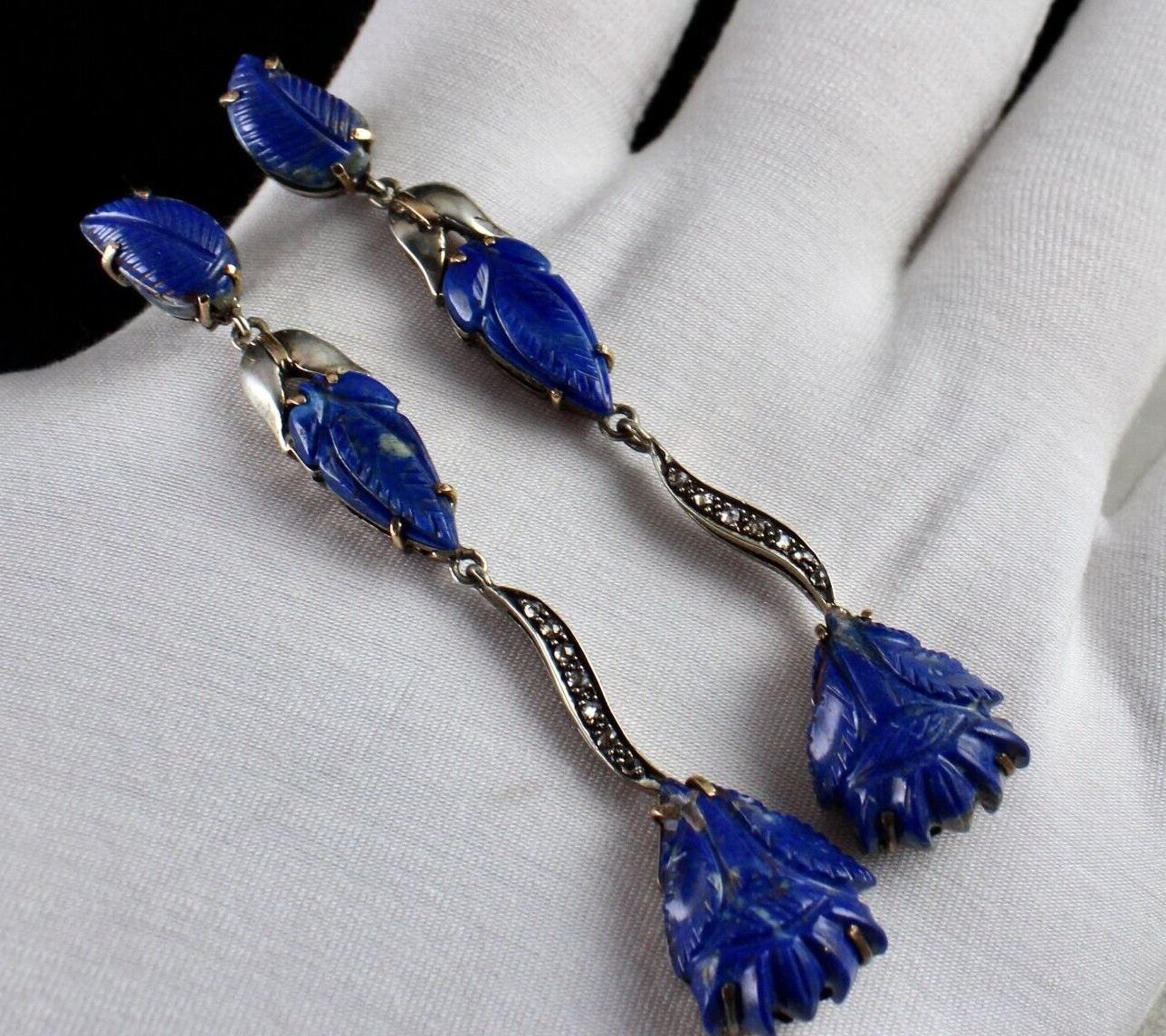 NATURAL LAPIS LAZULI CARVED LEAF DIAMOND 18K GOLD 925 SILVER VICTORIAN EARRING