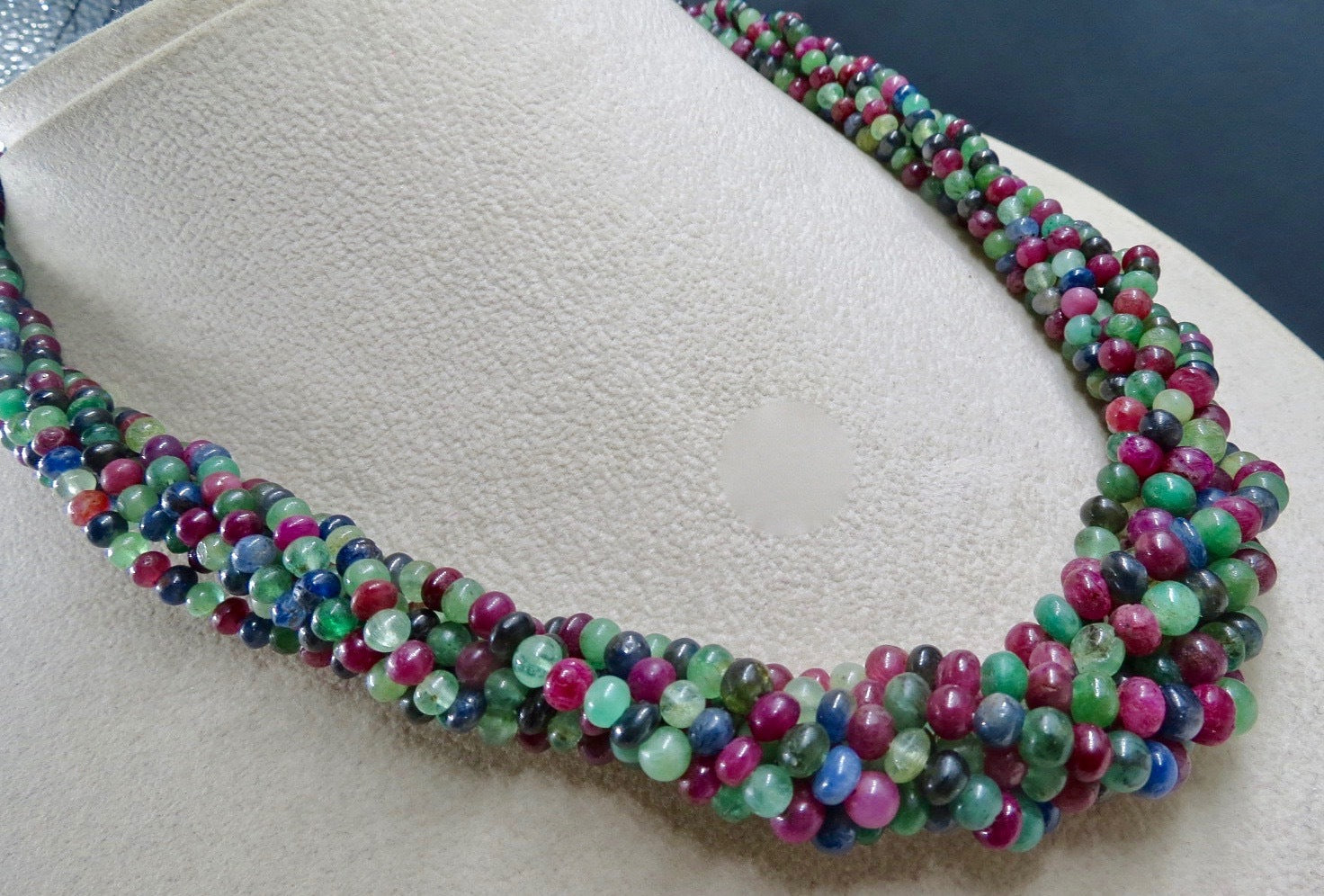 Certified Natural Emerald Ruby Sapphire Beaded Necklace 631 Ct Sterling Silver