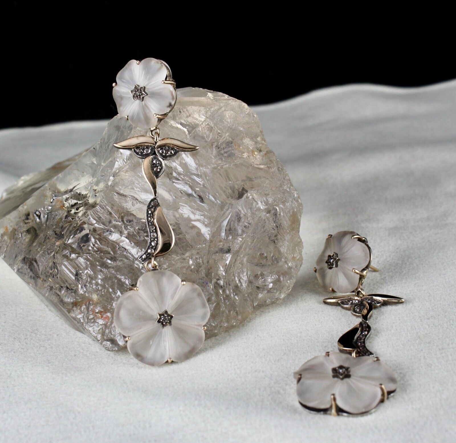 NATURAL ROCK CRYSTAL QUARTZ CARVED DIAMOND 18K GOLD 925 SILVER VICTORIAN EARRING