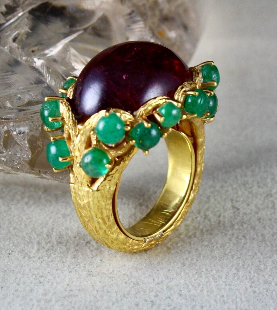 UNIQUE NATURAL PINK TOURMALINE EMERALD CABOCHON CARVED SILVER GOLD PLATED RING
