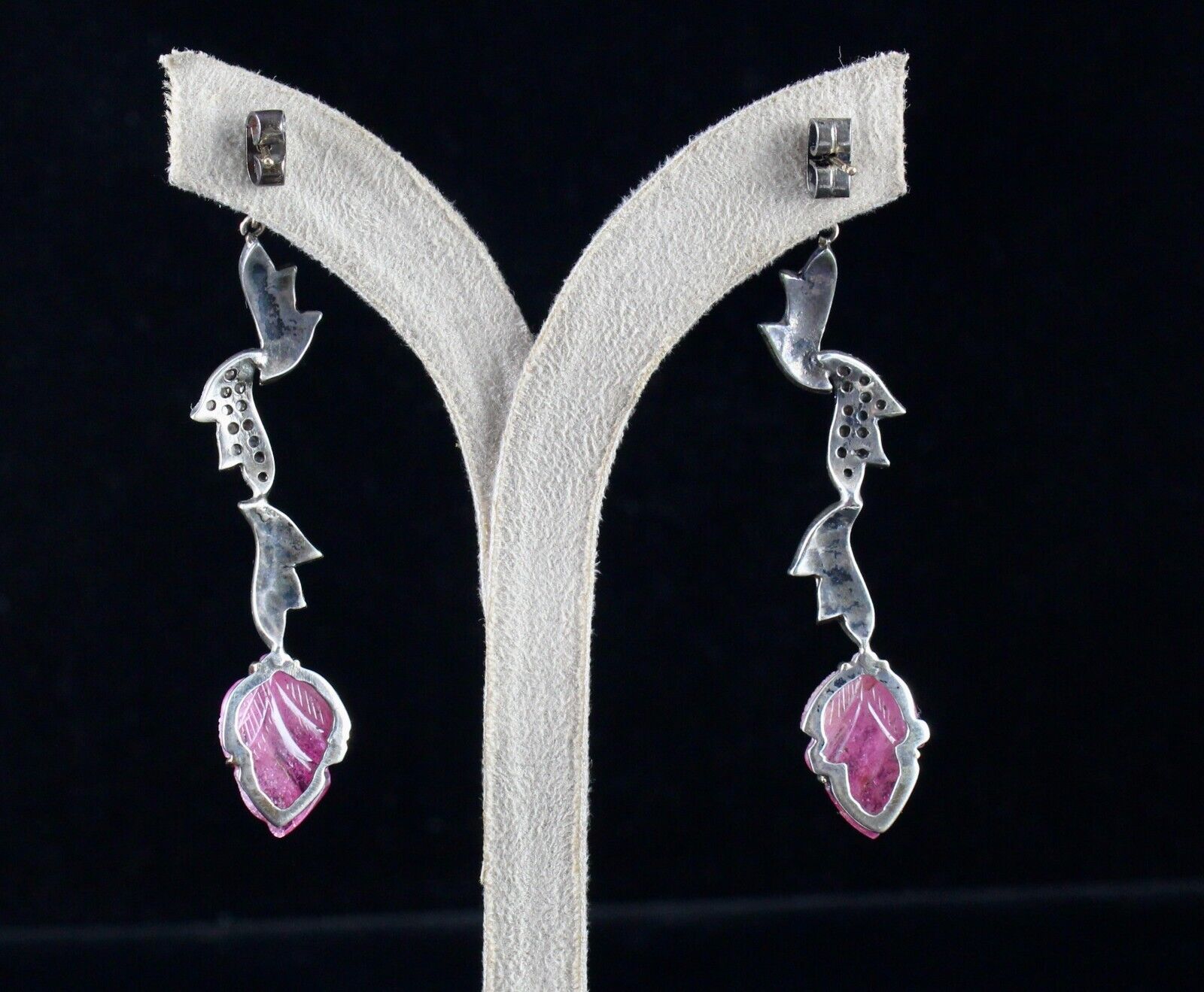 NAURAL PINK TOURMALINE CARVED DIAMOND 18K GOLD 925 SILVER VICTORIAN EARRING