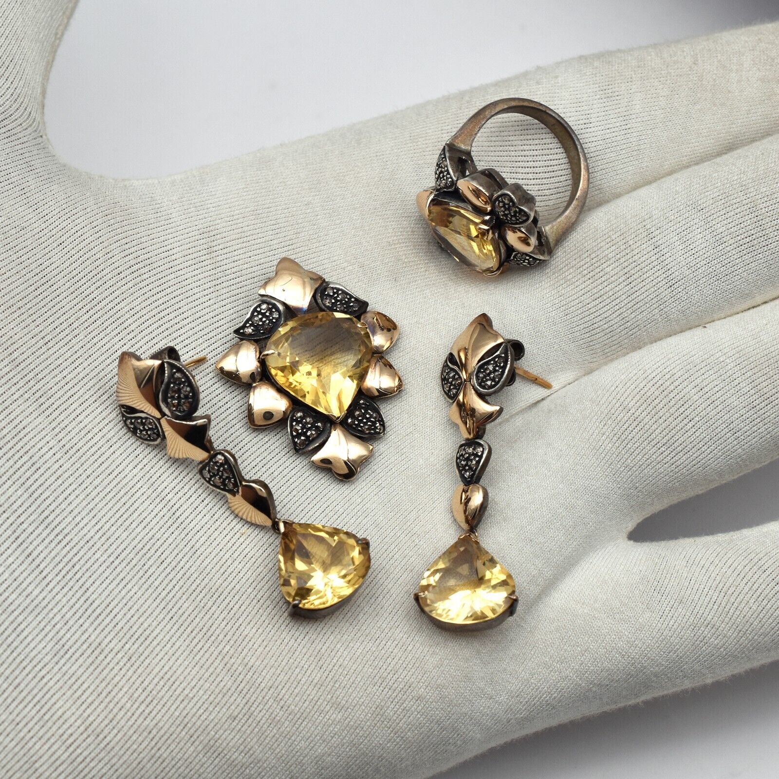Natural Yellow Citrine Diamond 18K Gold 925 Silver Victorian Earring Pendant Set