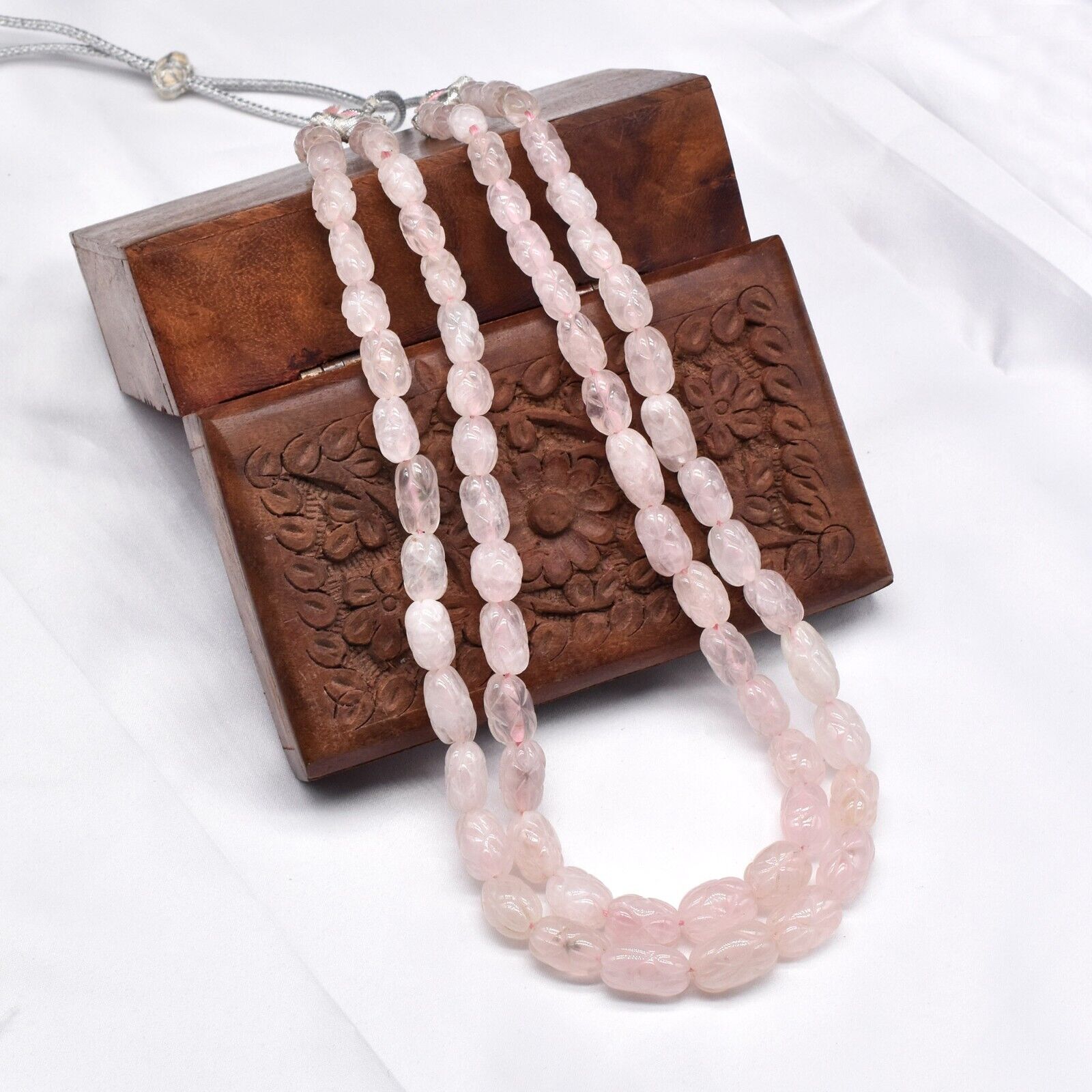 Vintage Rose Quartz Beaded Engraved Necklace 2 L 519 Ct Natural Gemstone