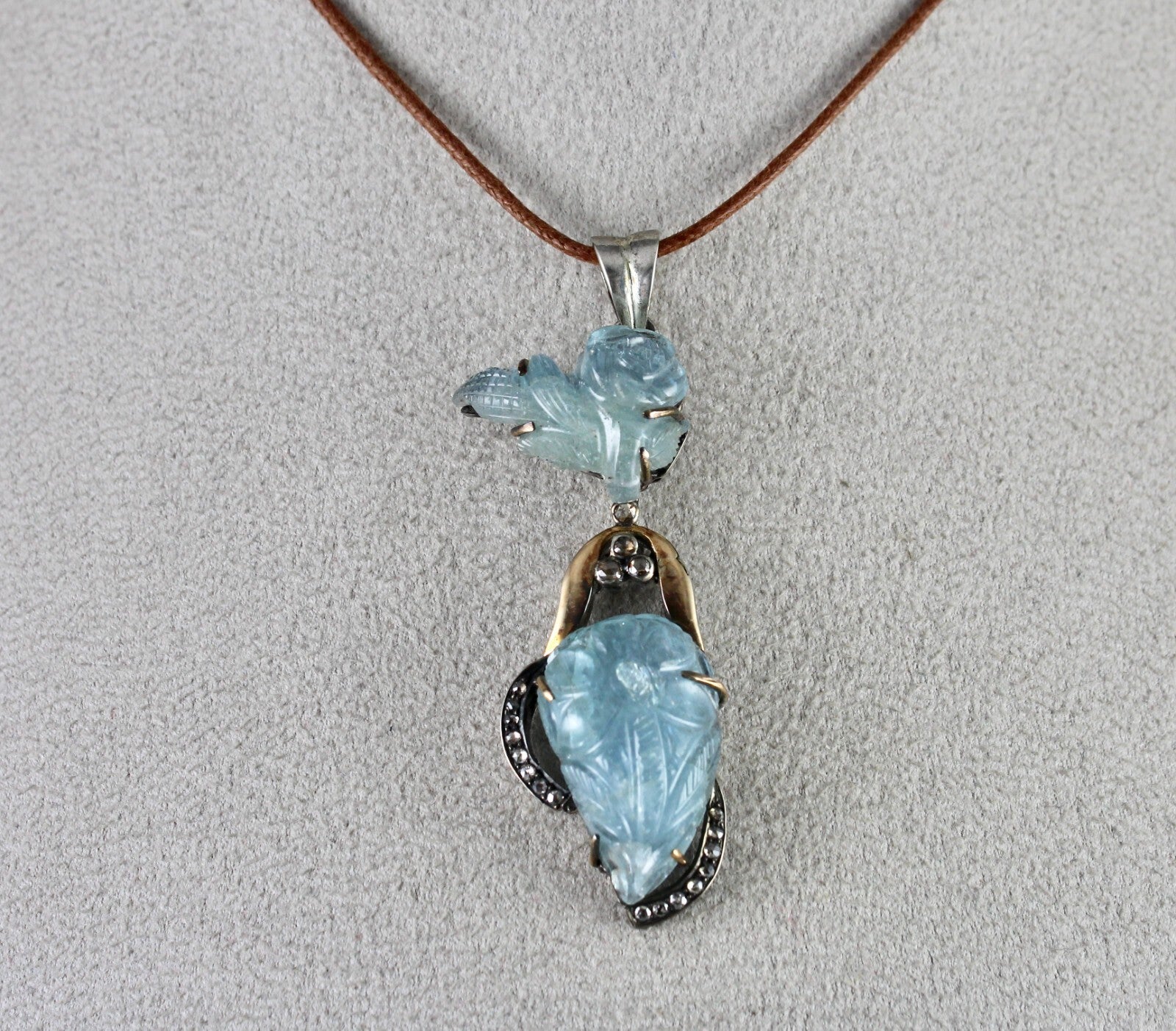 Natural Blue Aquamarine 10ct Carved Natural Diamond 18k Gold 925 Silver Pendant