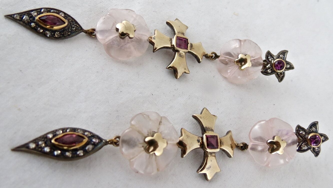 Natural Rose Quartz Carved Garnet Diamond 18K Gold 925 Silver Victorian Earring