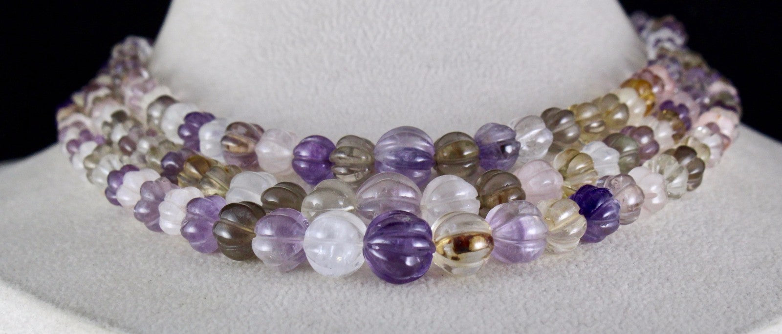 Multicolor Carved Gemstone Fashion Necklace 498 Ct Semi-precious Beads 3 Line