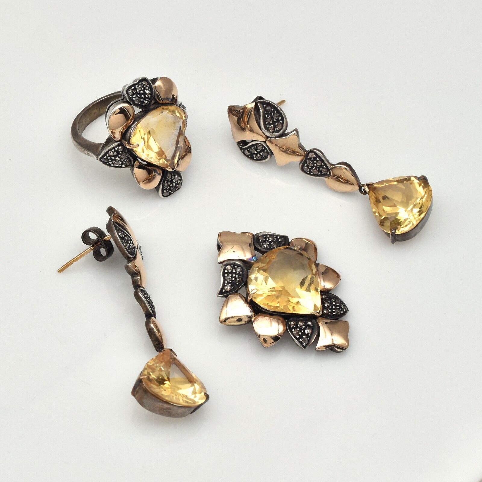 Natural Yellow Citrine Diamond 18K Gold 925 Silver Victorian Earring Pendant Set