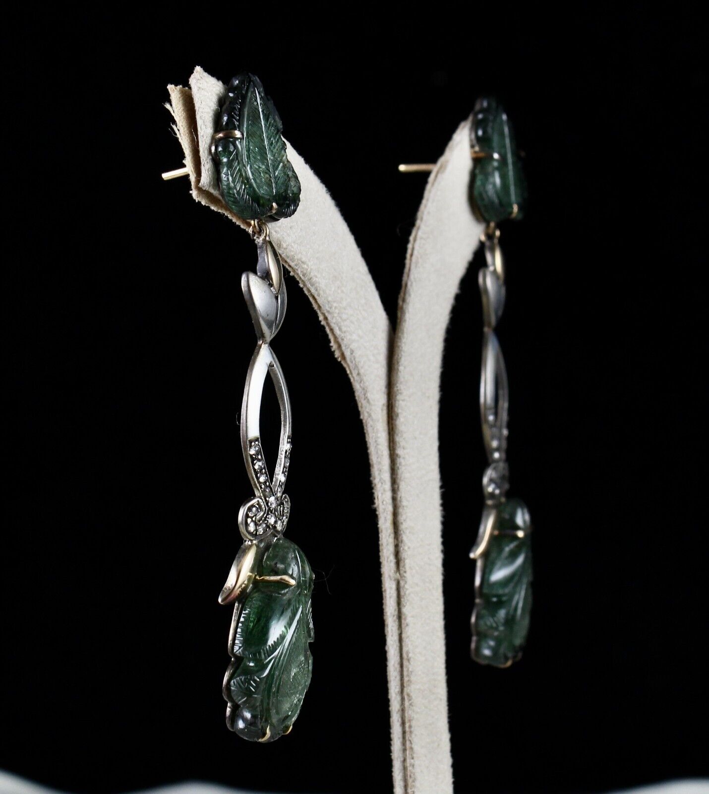 Natural Green Tourmaline Stone Diamond 18k Gold Silver Dangle Victorian Earring