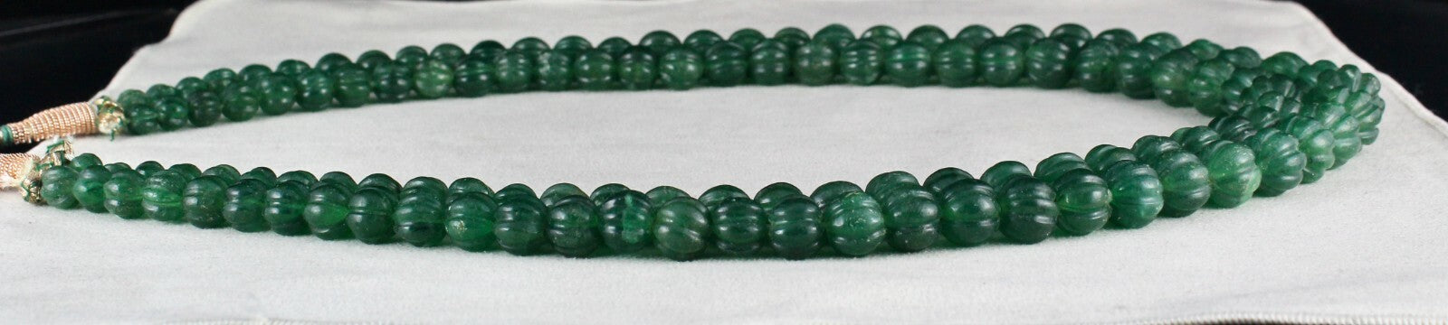 Natural Green Quartz 1034 Ct Melon Beaded Necklace, Carved Gemstone, 2 Line