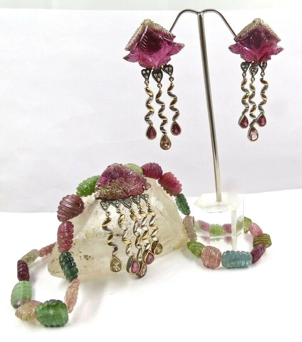 MULTI COLOUR TOURMALINE CARVED BEADS DIAMOND 18K GOLD SILVER PENDANT EARRING SET
