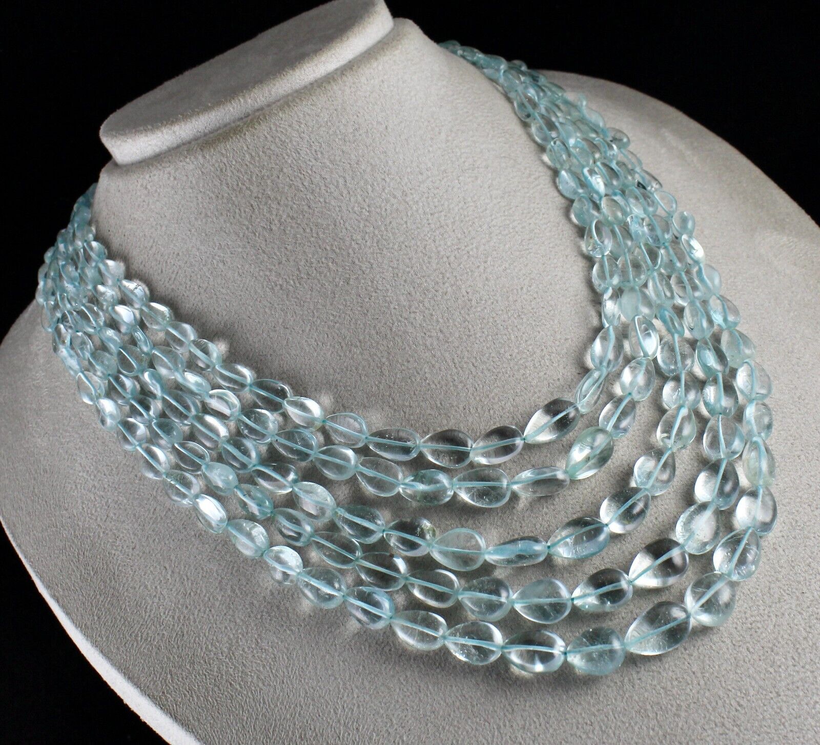 NATURAL BLUE TOPAZ BEADS DROPS 5 LINE 956 CARATS GEMSTONE BEADED FINE NECKLACE