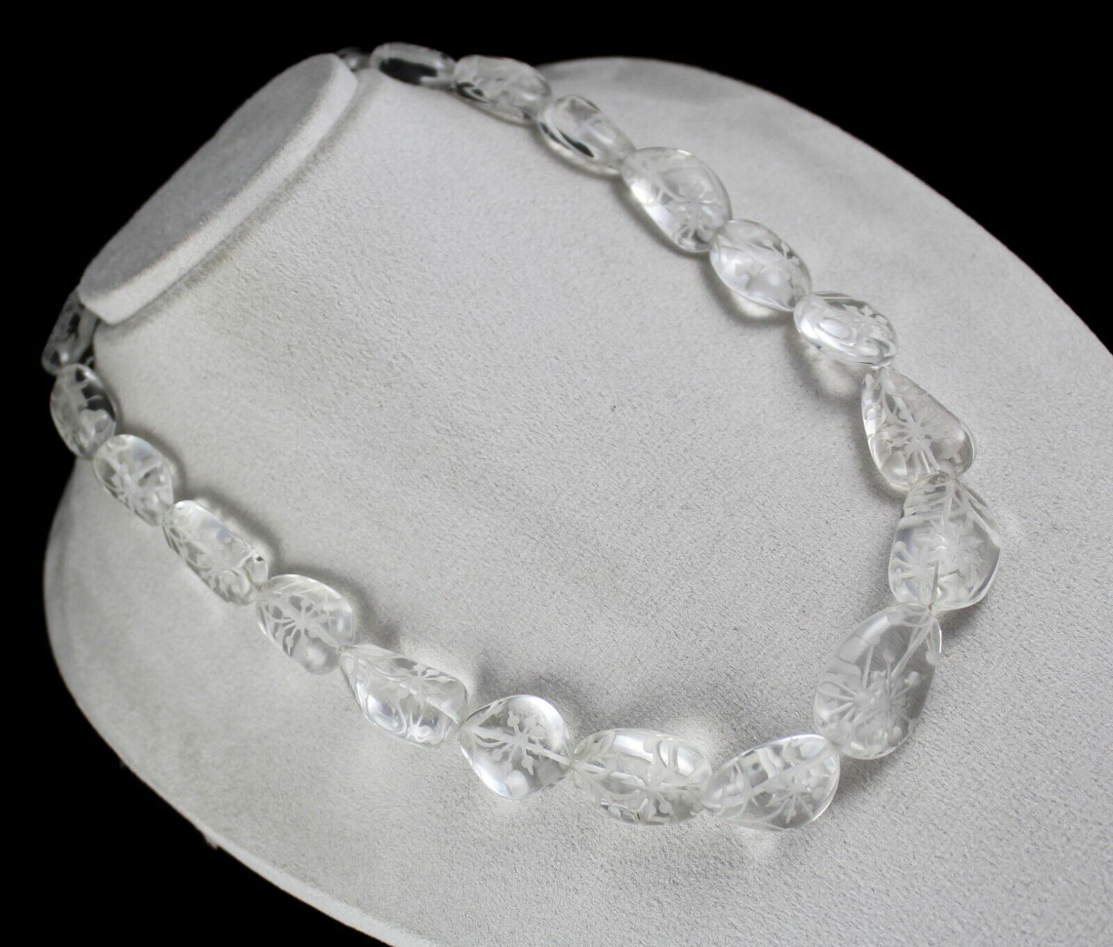 NATURAL ROCK CRYSTAL QUARTZ BEADS ENGRAVED 1 LINE 884 CARATS GEMSTONE NECKLACE