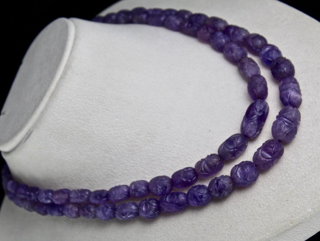 NATURAL AMETHYST CARVED BEADS 2 LINE 608 CTS GEMSTONE NECKLACE WITH SILVER HOOK