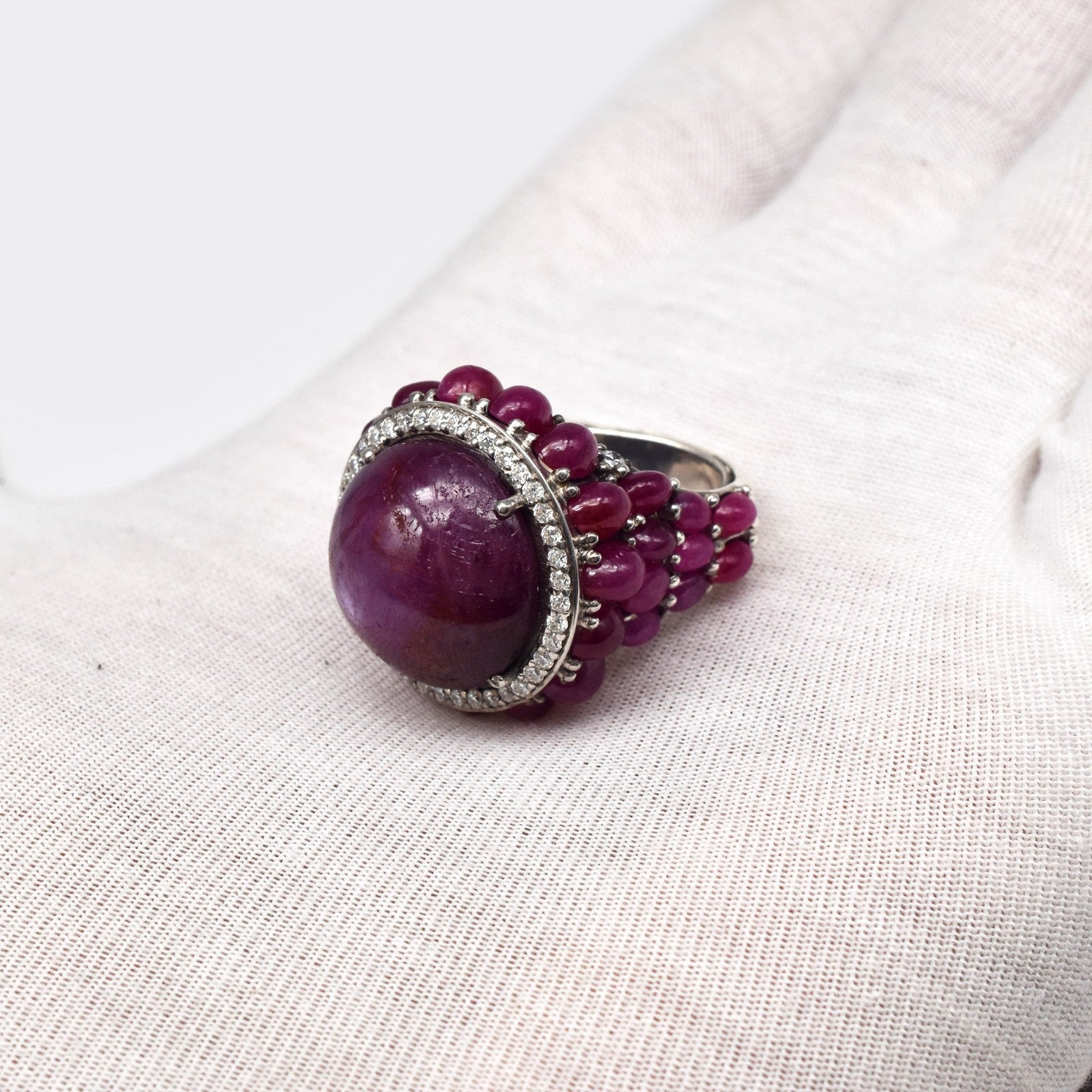 Natural Ruby Star Cabochon Cubic Zirconia Red Gemstone Silver Cocktail Ring
