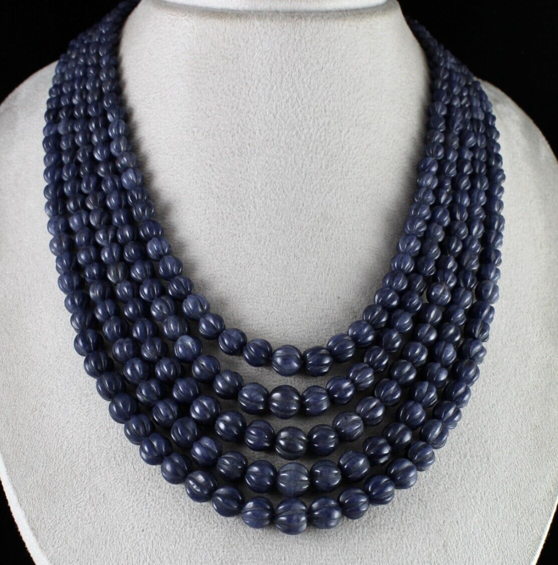 NATURAL BLUE JADE BEADS CARVED ROUND GEMSTONE 5 LINE 977 CTS FASHION NECKLACE