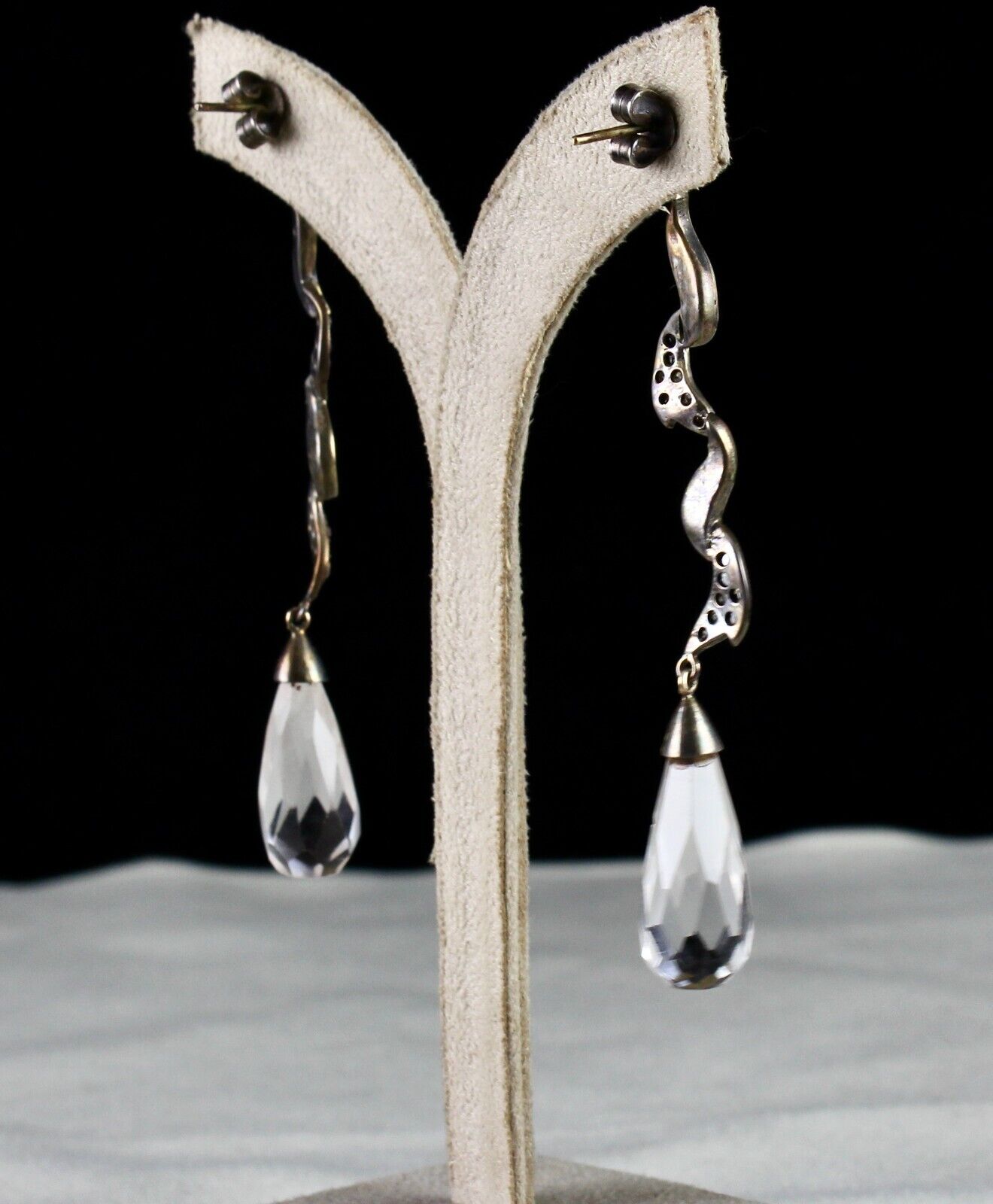 Natural Rock Crystal Quartz Cut Stone Diamond 18K Gold Victorian Silver Earring