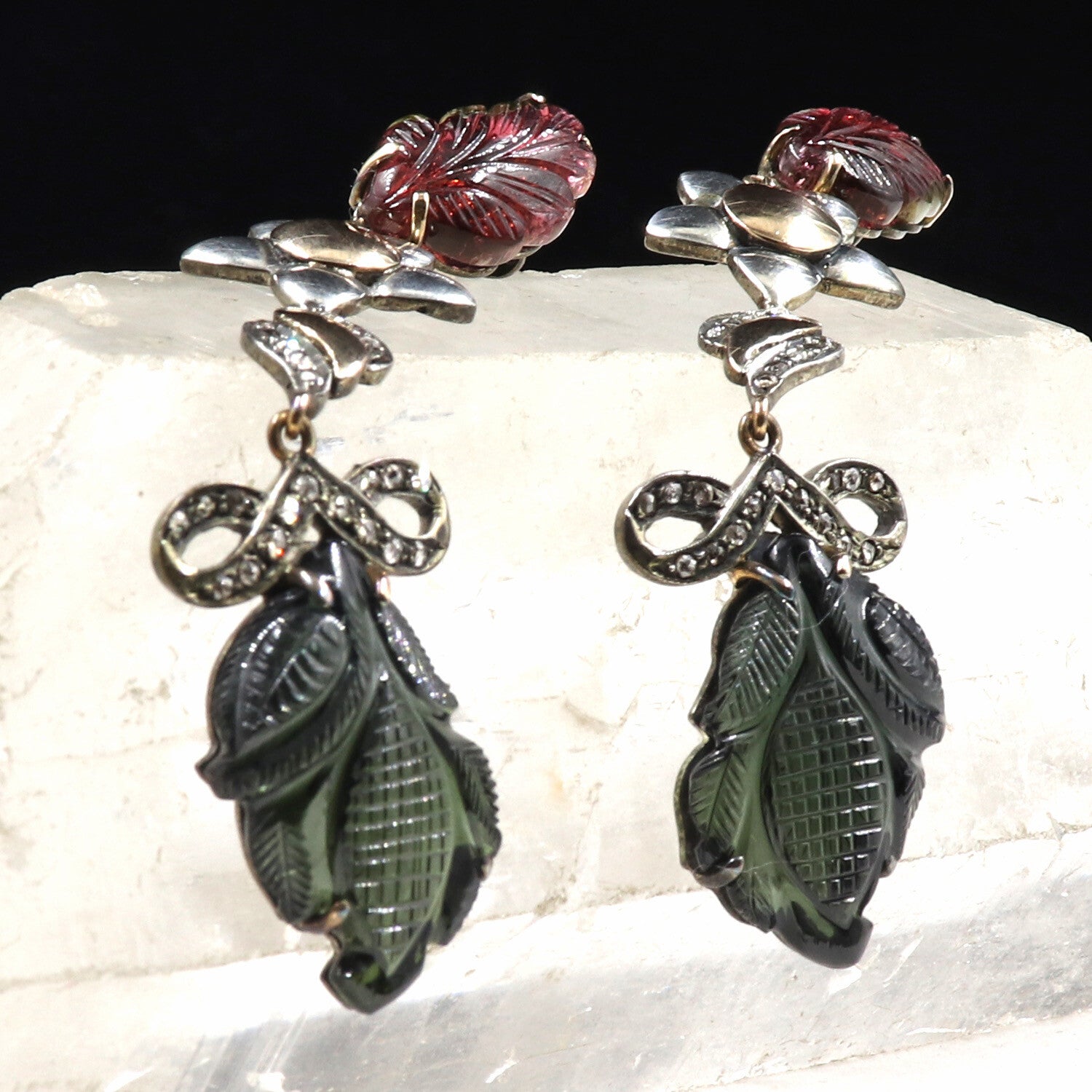 Natural Multi Tourmaline 87.75ct Carved Diamond 18k Gold Sterling Silver Earring