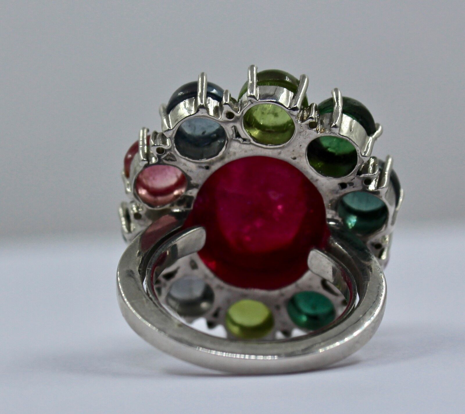 MULTI WATERMELON TOURMALINE CABOCHON DIAMOND 925 SILVER LADIES COCKTAIL RING