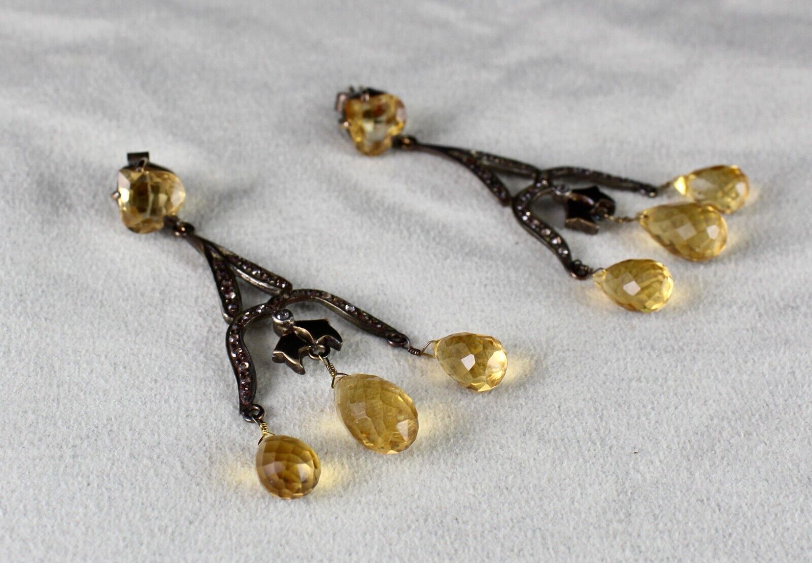 NATURAL CITRINE CUT DROPS DIAMOND 18K GOLD & 925 SILVER VICTORIAN ESTATE EARRING