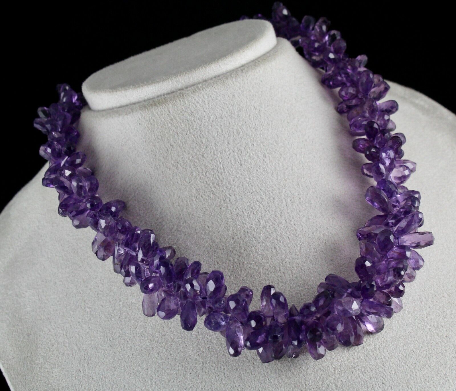 NATURAL AMETHYST TEAR DROPS BEADS 2 LINE 718 CARATS GEMSTONE SILVER NECKLACE
