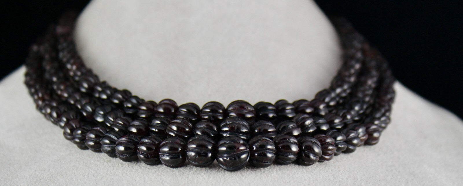 Natural Garnet 1092ct Carved Melon Beads 3 Line Gemstone Fashion Necklace