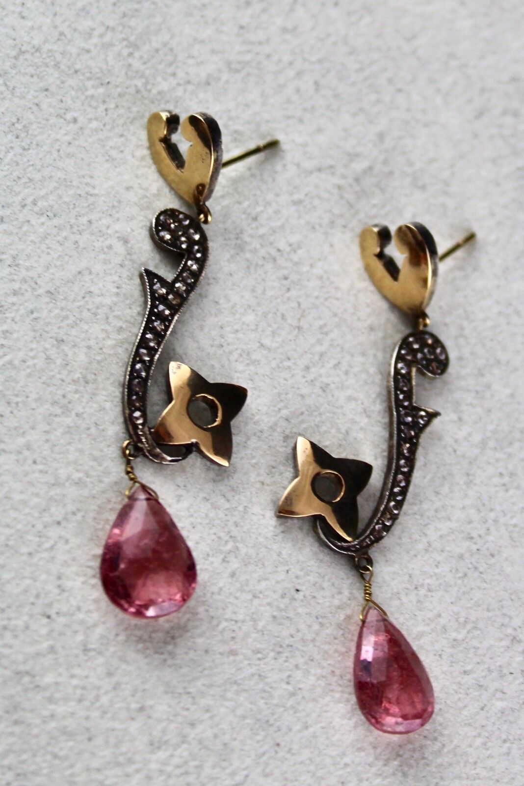 Natural Pink Tourmaline Pear Diamond 18K Gold 925 Silver Victorian Fine Earring