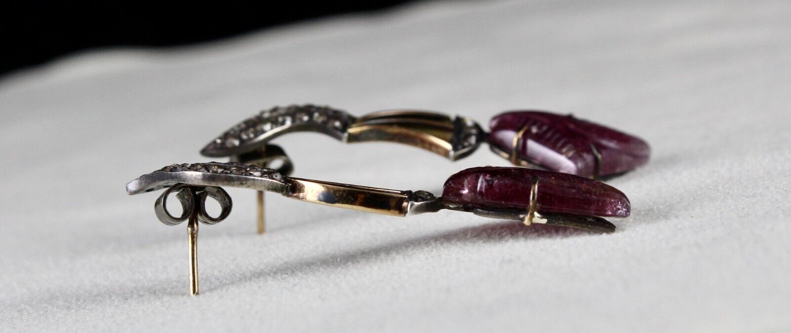 Natural Pink Tourmaline Carved Diamond 18K Gold Silver Victorian Antique Earring