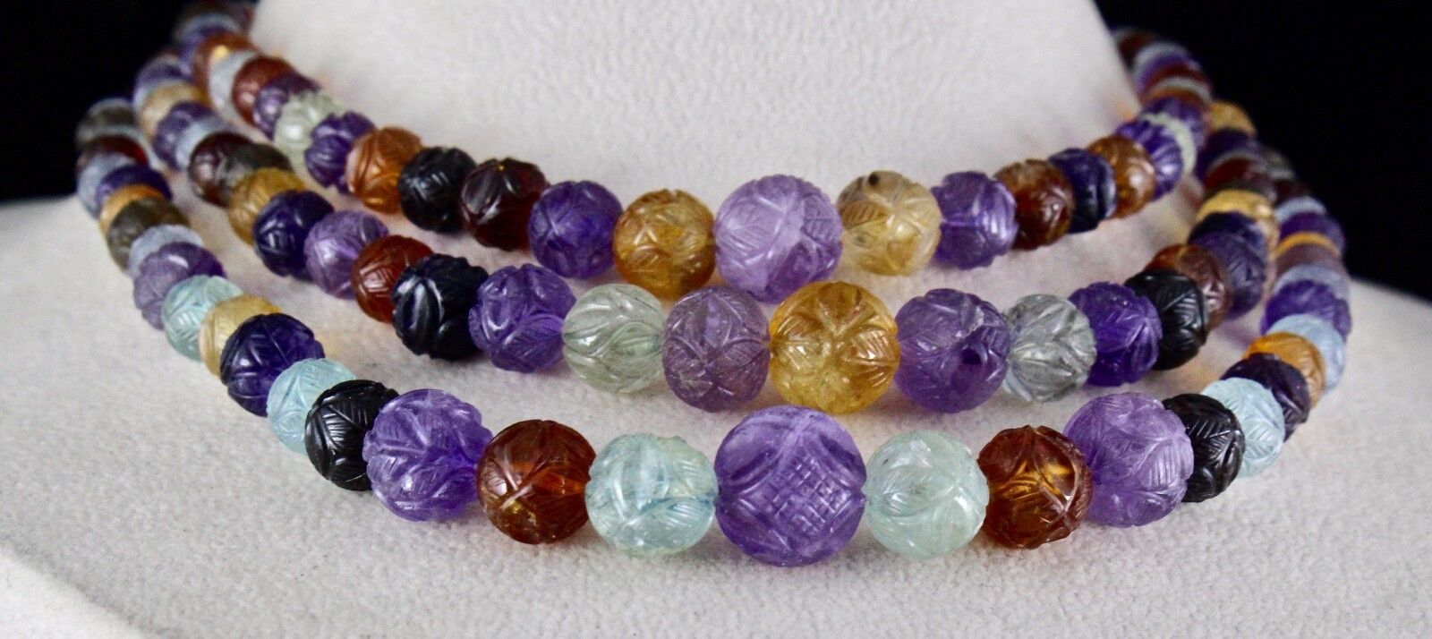 NATURAL MULTI AMETHYST CITRINE AQUAMARINE BEADS CARVED 708 CTS GEMSTONE NECKLACE