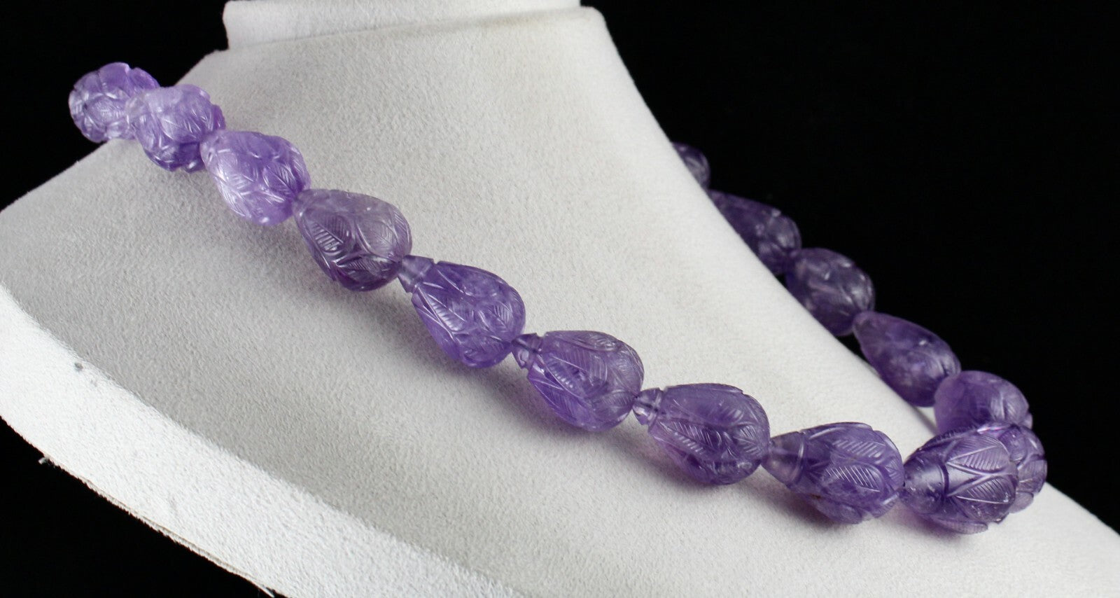 Certified Natural Amethyst Beads Necklace Carved Drop 1202 Ct Purple Gemstone