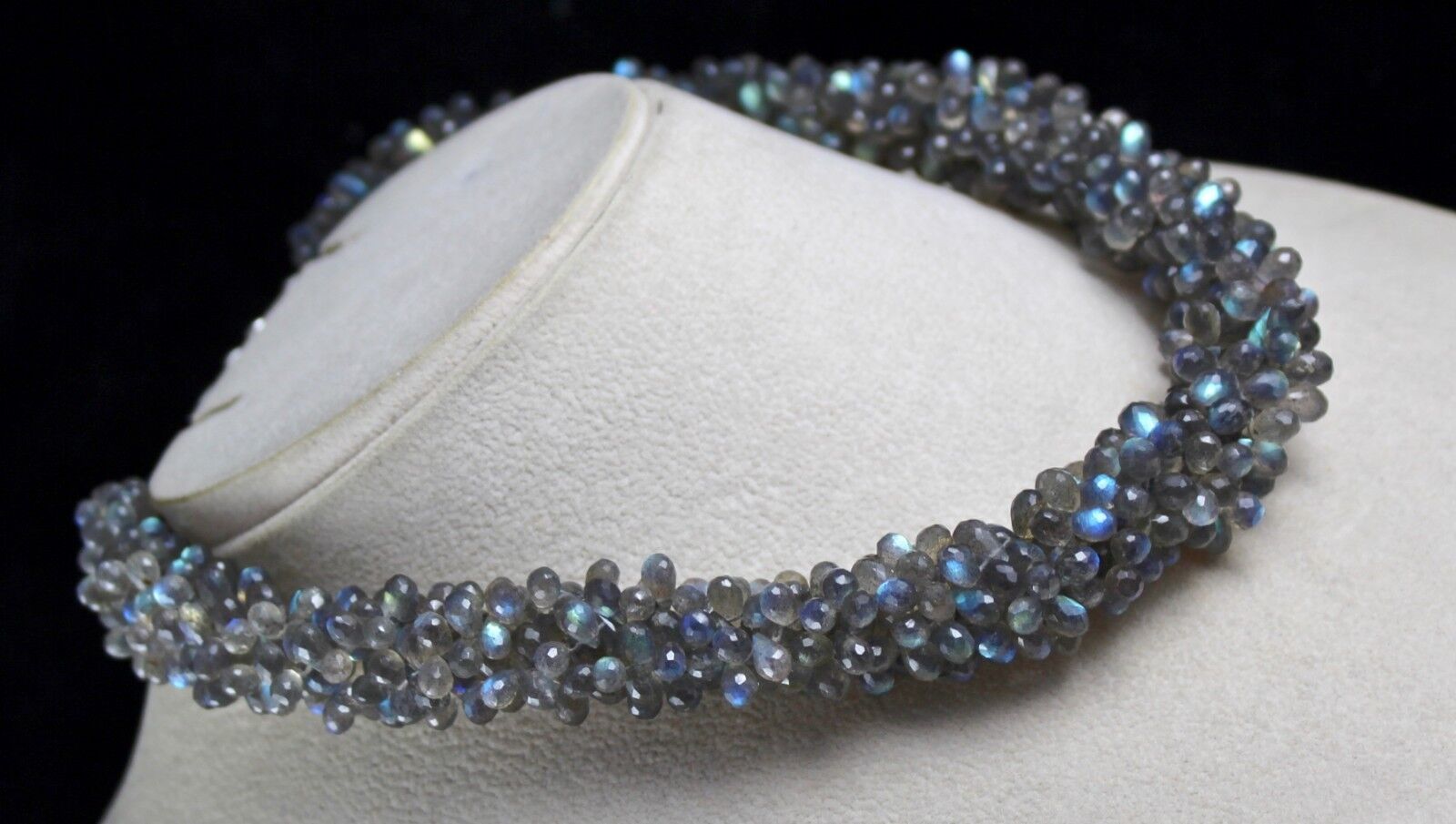 NATURAL LABRADORITE BEADS TEARDROPS 4 LINE 561 CARATS GEMSTONE SILVER NECKLACE
