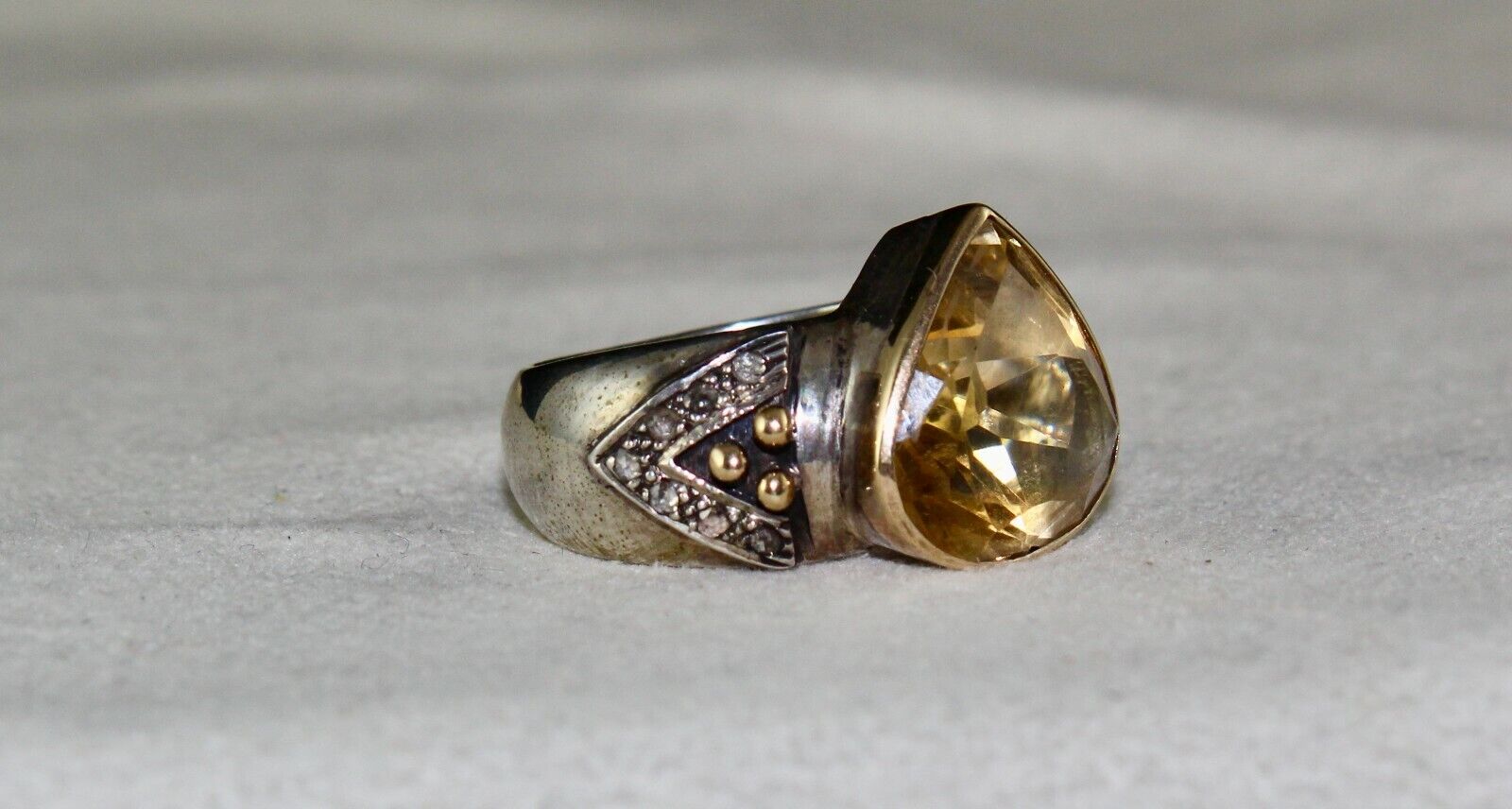 NATURAL YELLOW CITRINE HEART CUT DIAMOND 18K GOLD SILVER VINTAGE MEN WOMEN RING