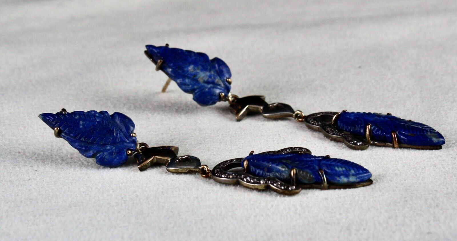 Natural Lapis Lazuli Engraved Leaf Diamond 18K Gold 925 Silver Victorian Earring