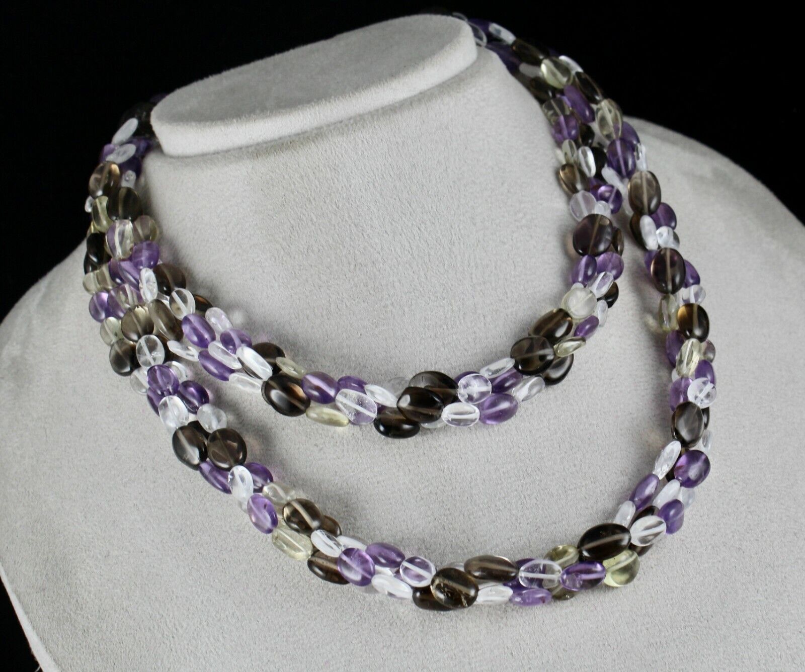 Multi Natural Rock Crystal Smoky Quartz Amethyst 3 L 684 Cts Long Beads Necklace