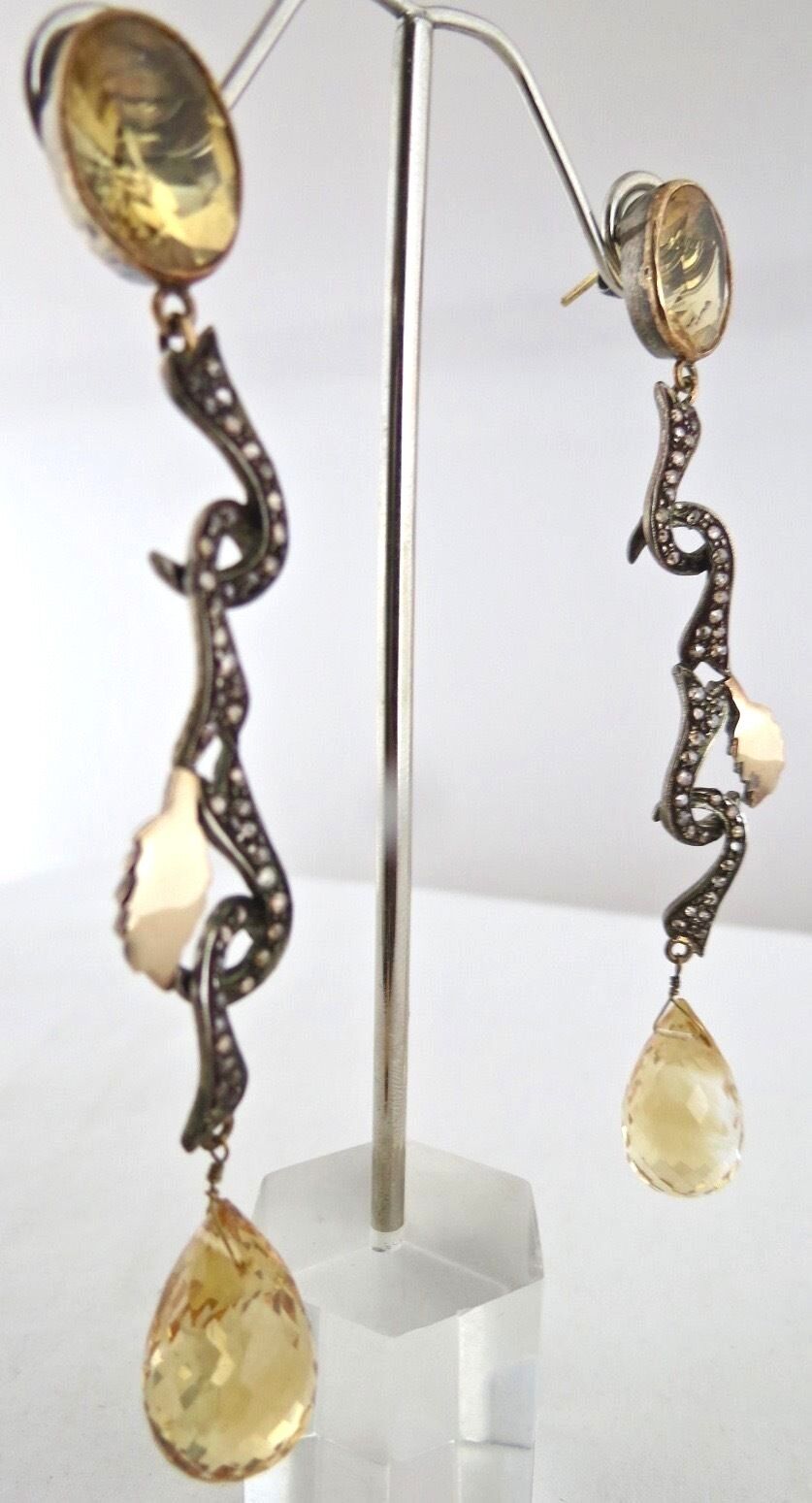 Old Antique Yellow Citrine Diamond 18K Gold 925 Silver Victorian Party Earring