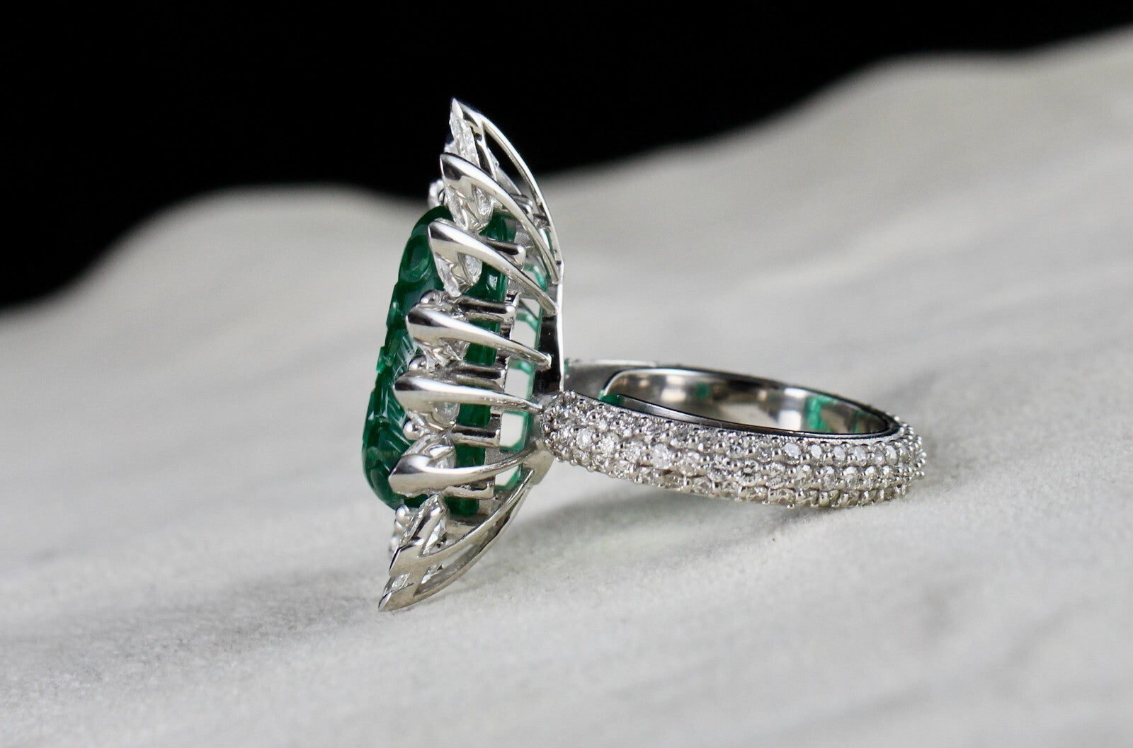 Certified Natural Zambian Emerald Carved Pear Natural Diamond 18k cocktail Ring