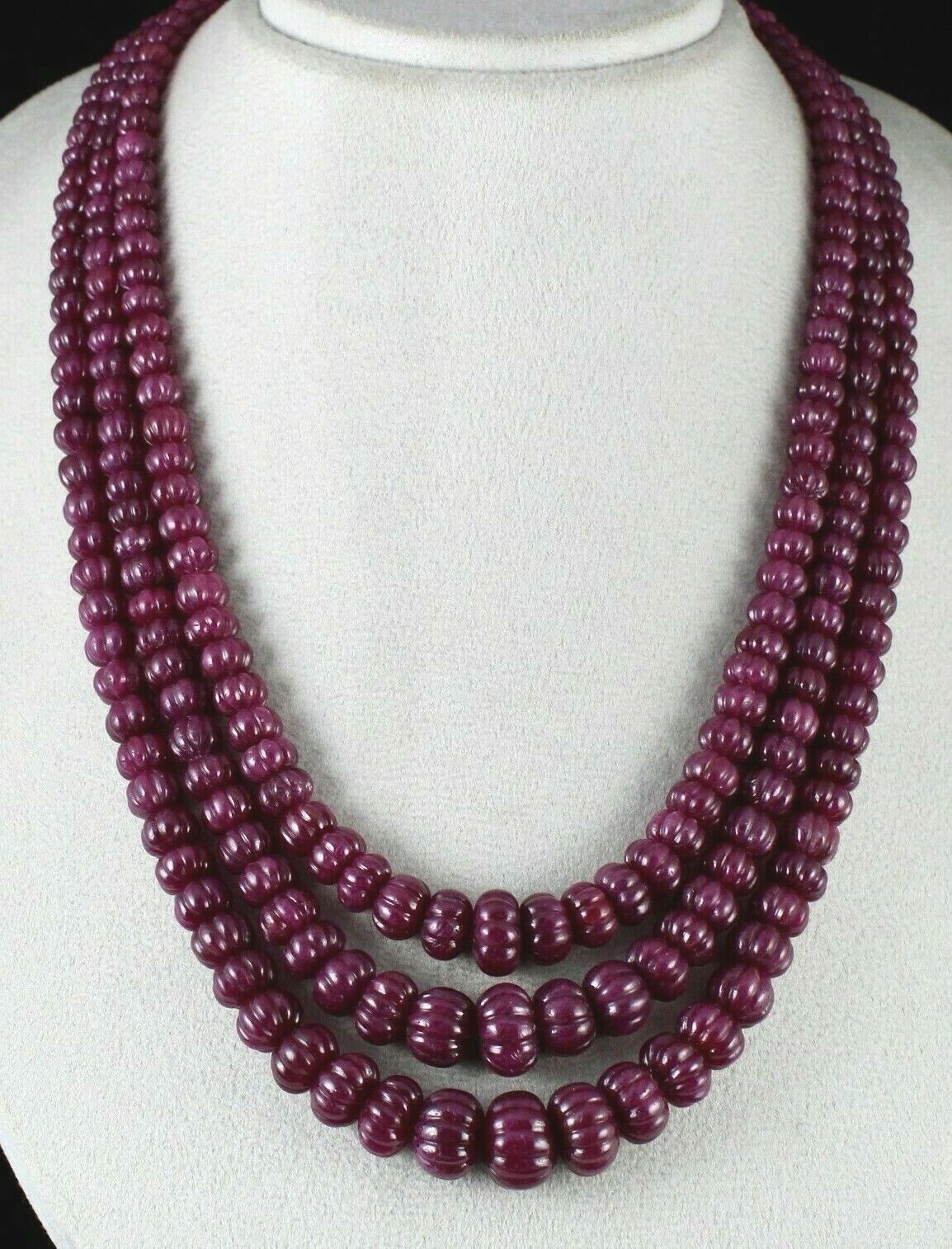 NATURAL UNTREATED RUBY BEADS CARVED MELON 3 LINE 1378 CARATS GEMSTONE NECKLACE