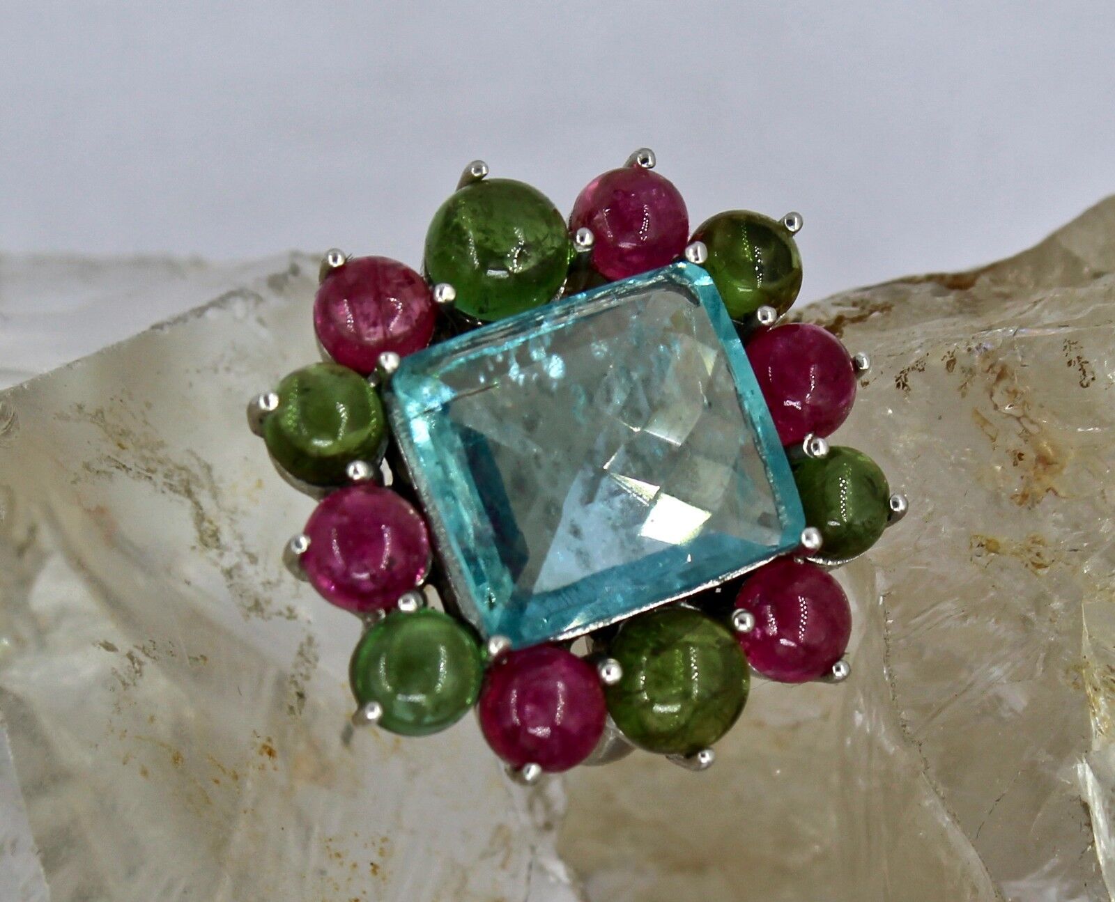 NATURAL AQUAMARINE SQUARE CUT MULTI TOURMALINE CABOCHON LADIES RING IN SILVER
