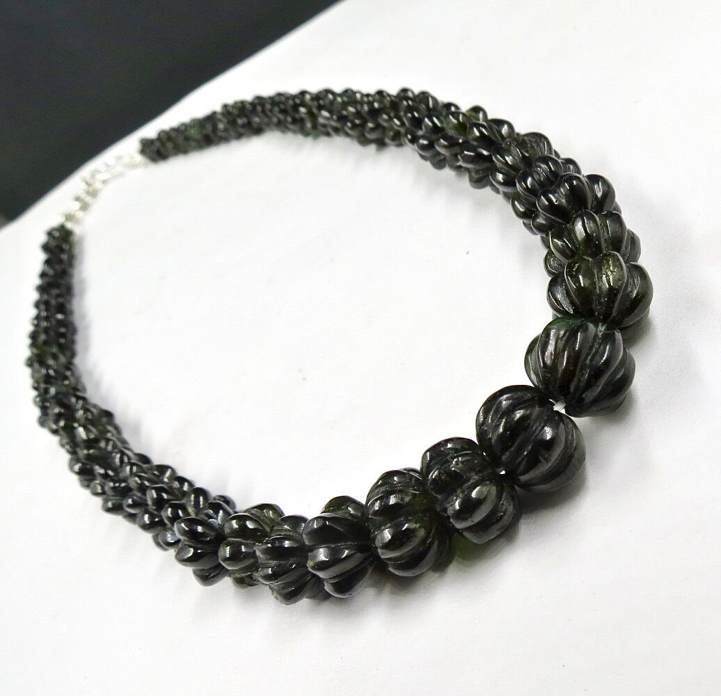 NATURAL BLACK TOURMALINE BEADS CARVED MELON 285 CARATS GEMSTONE SILVER NECKLACE
