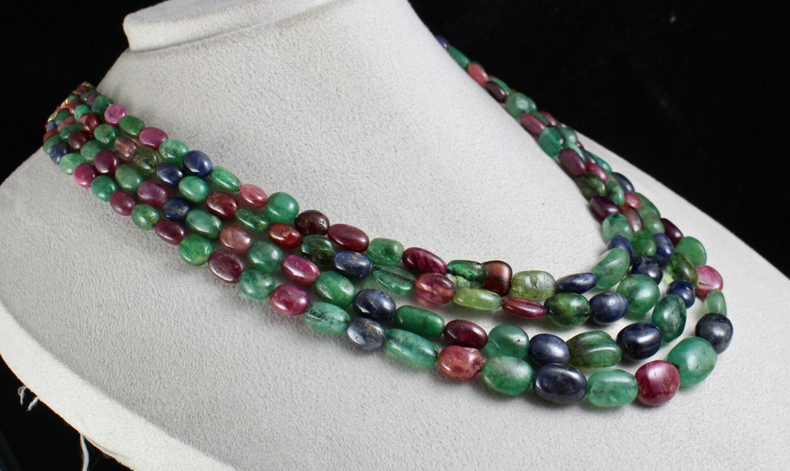 Certified Antique Natural Emerald Ruby Blue Sapphire 886 Ct Beads Necklace