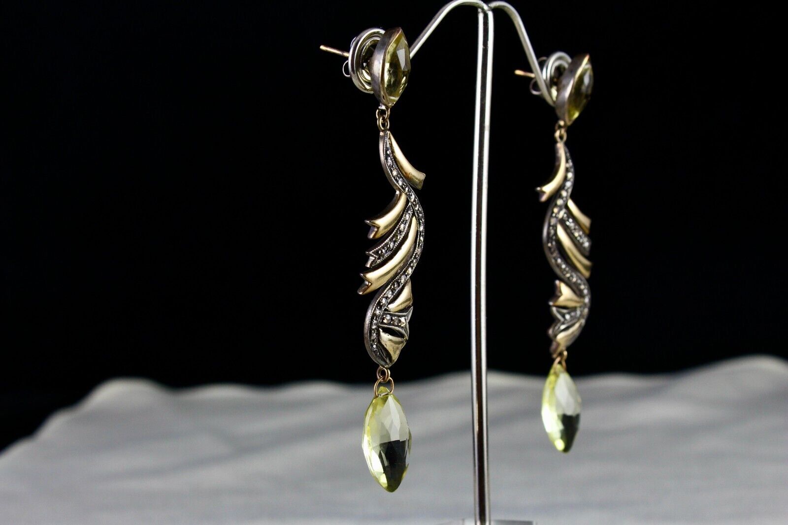 NATURAL LEMON QUARTZ TEAR DROPS DIAMOND 18K GOLD 925 SILVER VICTORIAN EARRING