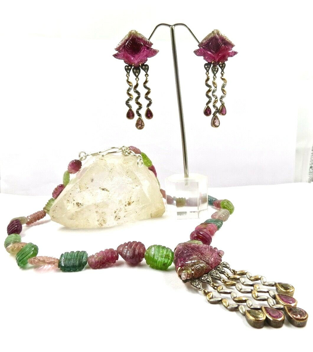 Certified Multi Colour Tourmaline 10ct Natural Diamond 18k Sterling Silver Set