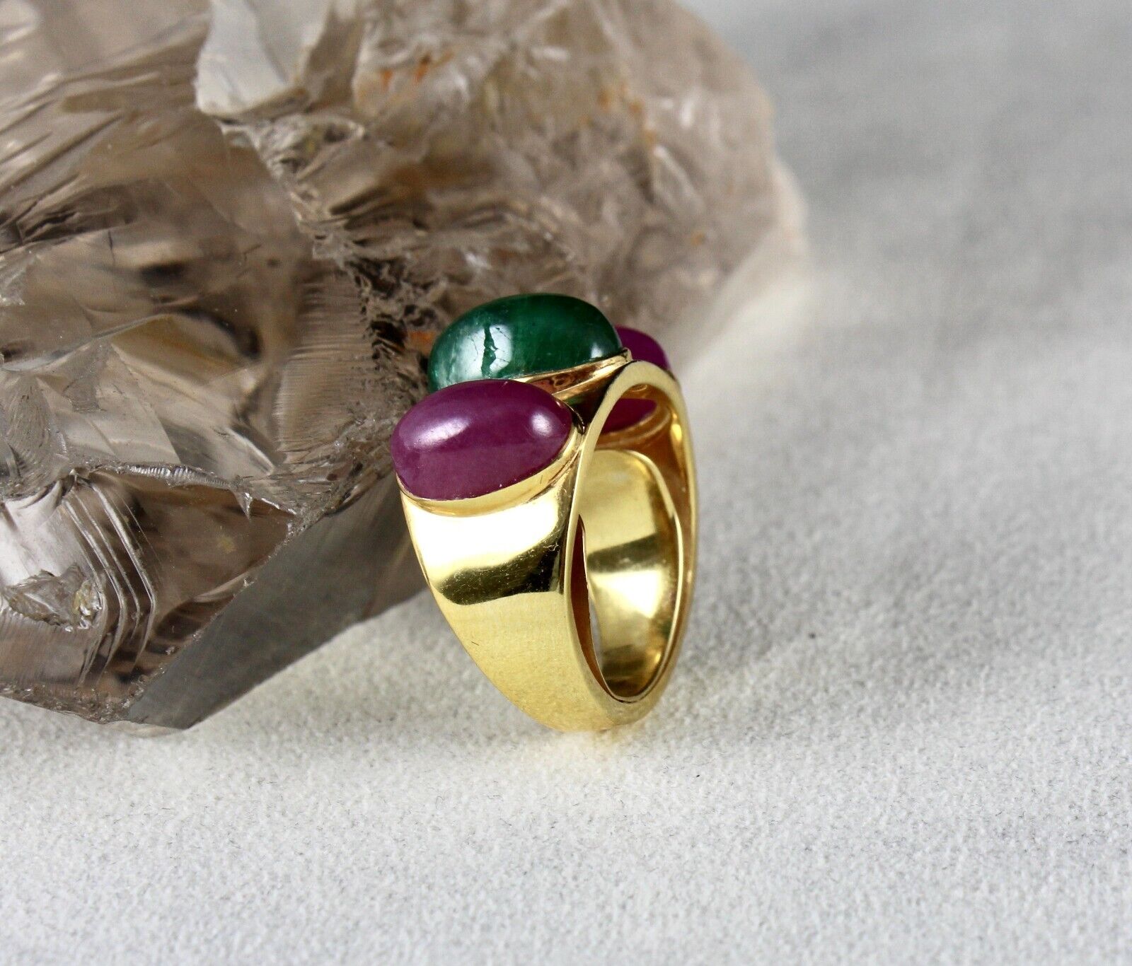 ANTIQUE NATURAL EMERALD RUBY CABOCHON GEMSTONE DIAMOND GOLD PLATED SILVER RING