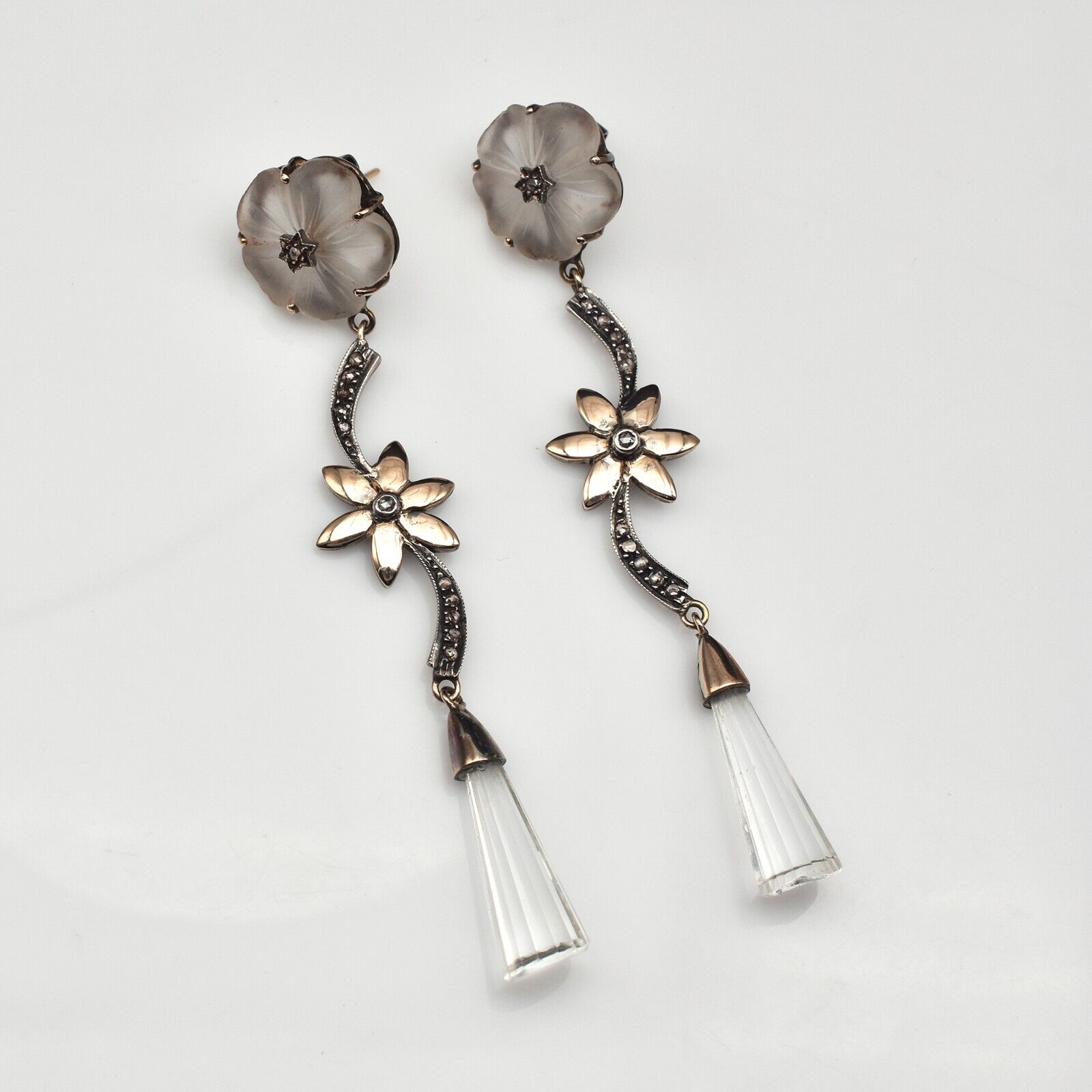 Natural Rock Crystal Quartz Carved Diamond 18K Gold & Silver Victorian Earring