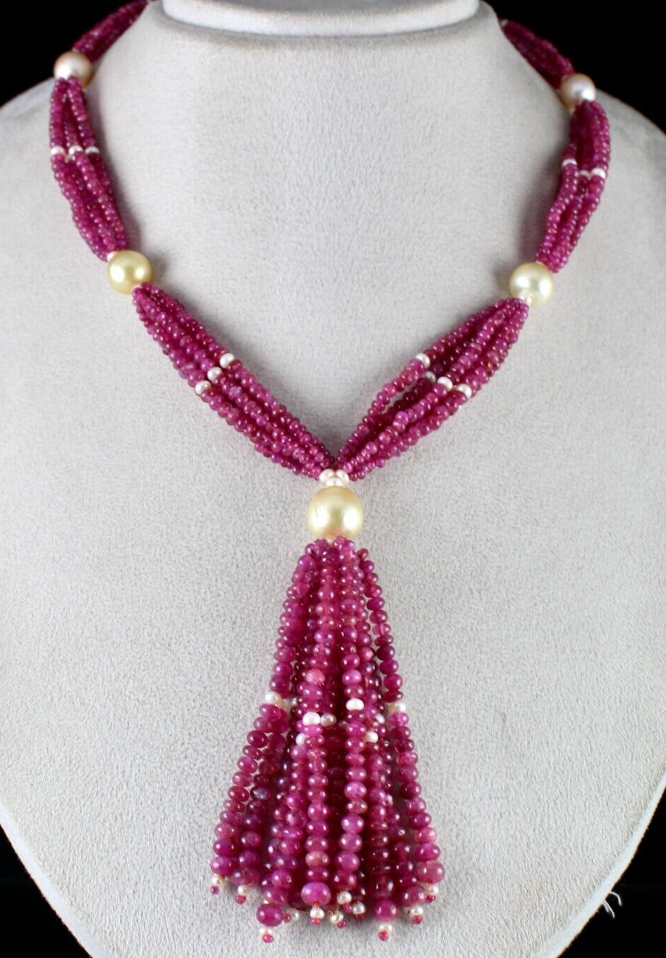 NATURAL CERTIFIED BURMESE RUBY ROUND GEMSTONE PEARL BEADS 617 CTS GOLD NECKLACE