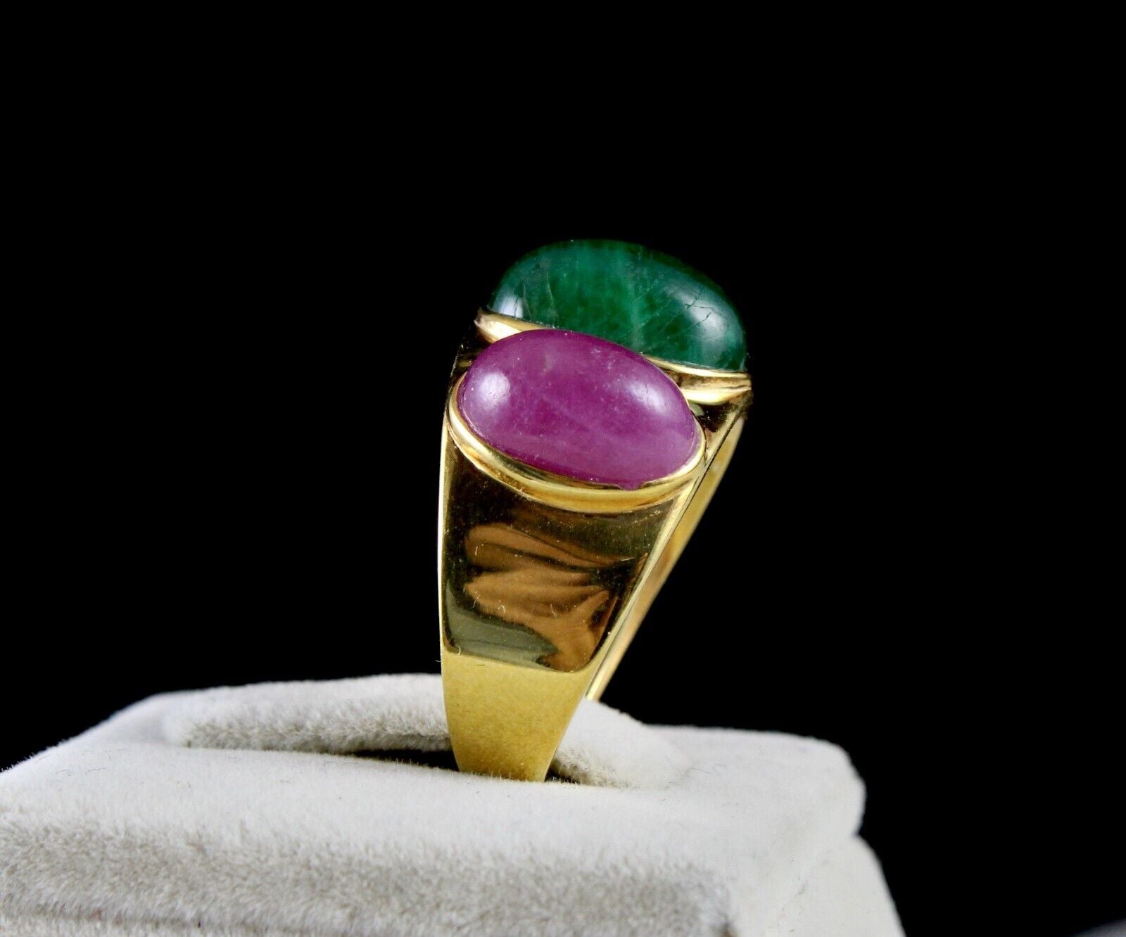 ANTIQUE NATURAL EMERALD RUBY CABOCHON GEMSTONE DIAMOND GOLD PLATED SILVER RING