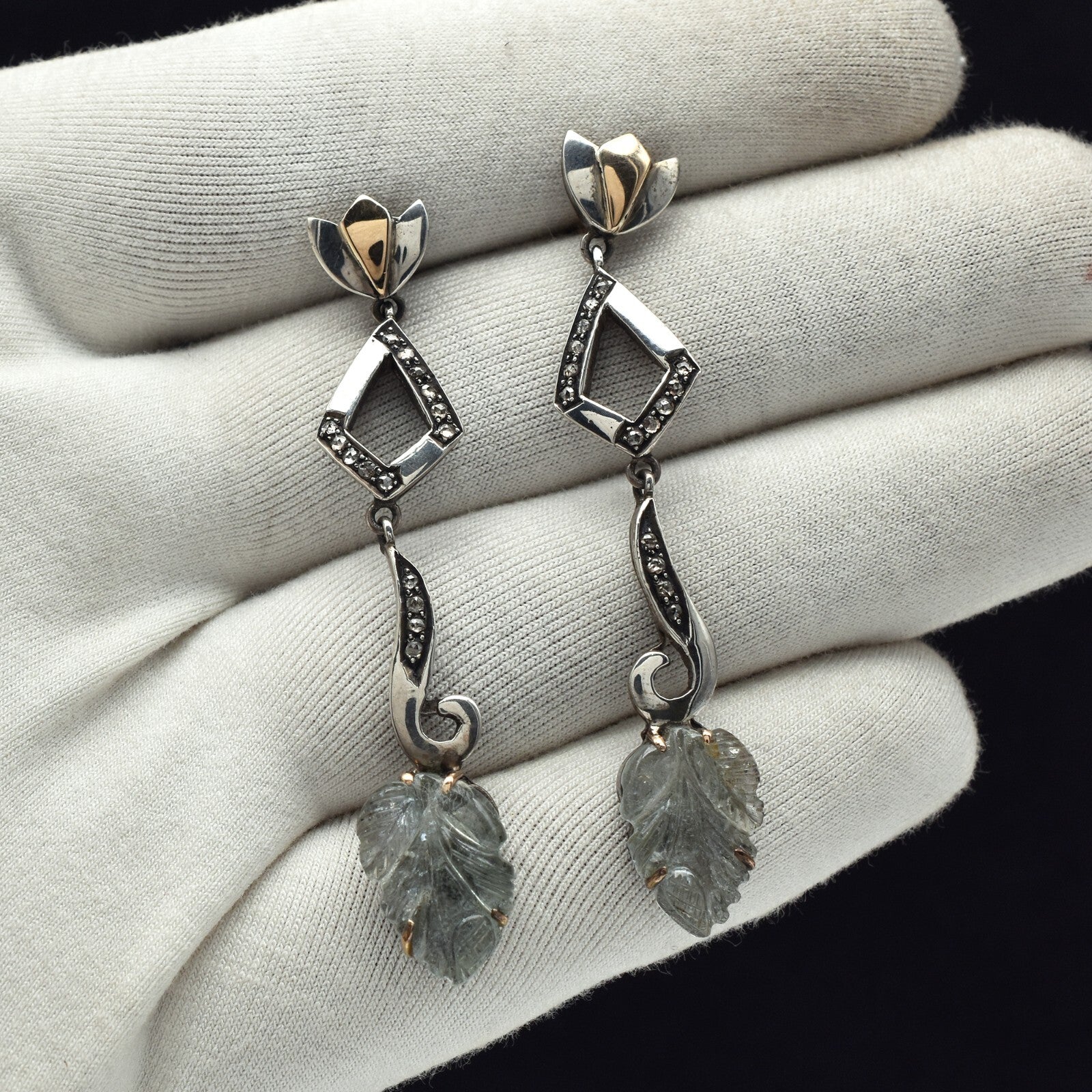 Natural Blue Tourmaline 10ct Carved Natural Diamond 18k Gold 925 Silver Earrings
